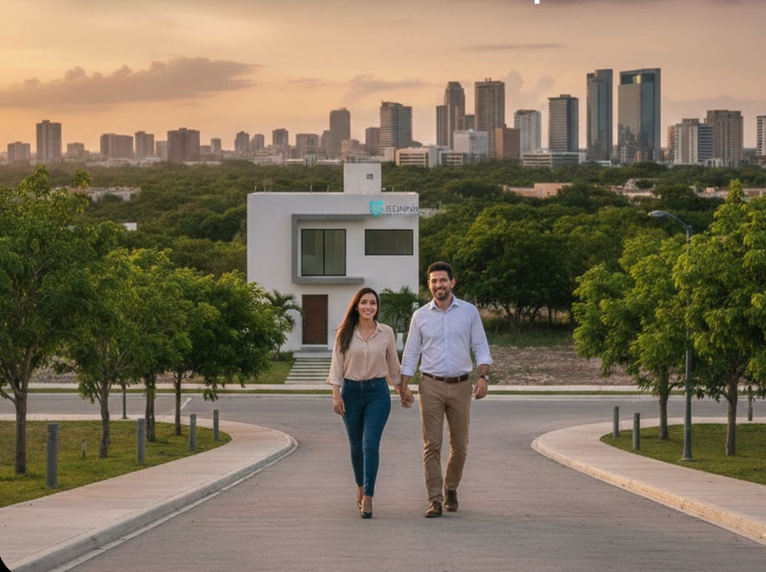 Inversión inmobiliaria segura en Mérida con Itzimná Real Estate Pareja caminando frente a propiedad residencial moderna con horizonte urbano de Mérida al fondo