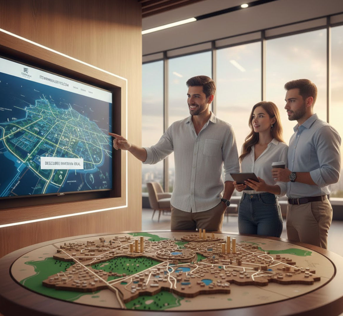 Asesoría profesional en inversiones inmobiliarias y plusvalía en Mérida Asesores inmobiliarios de Itzimna Real Estate mostrando una maqueta física y un mapa digital de inversiones en Mérida