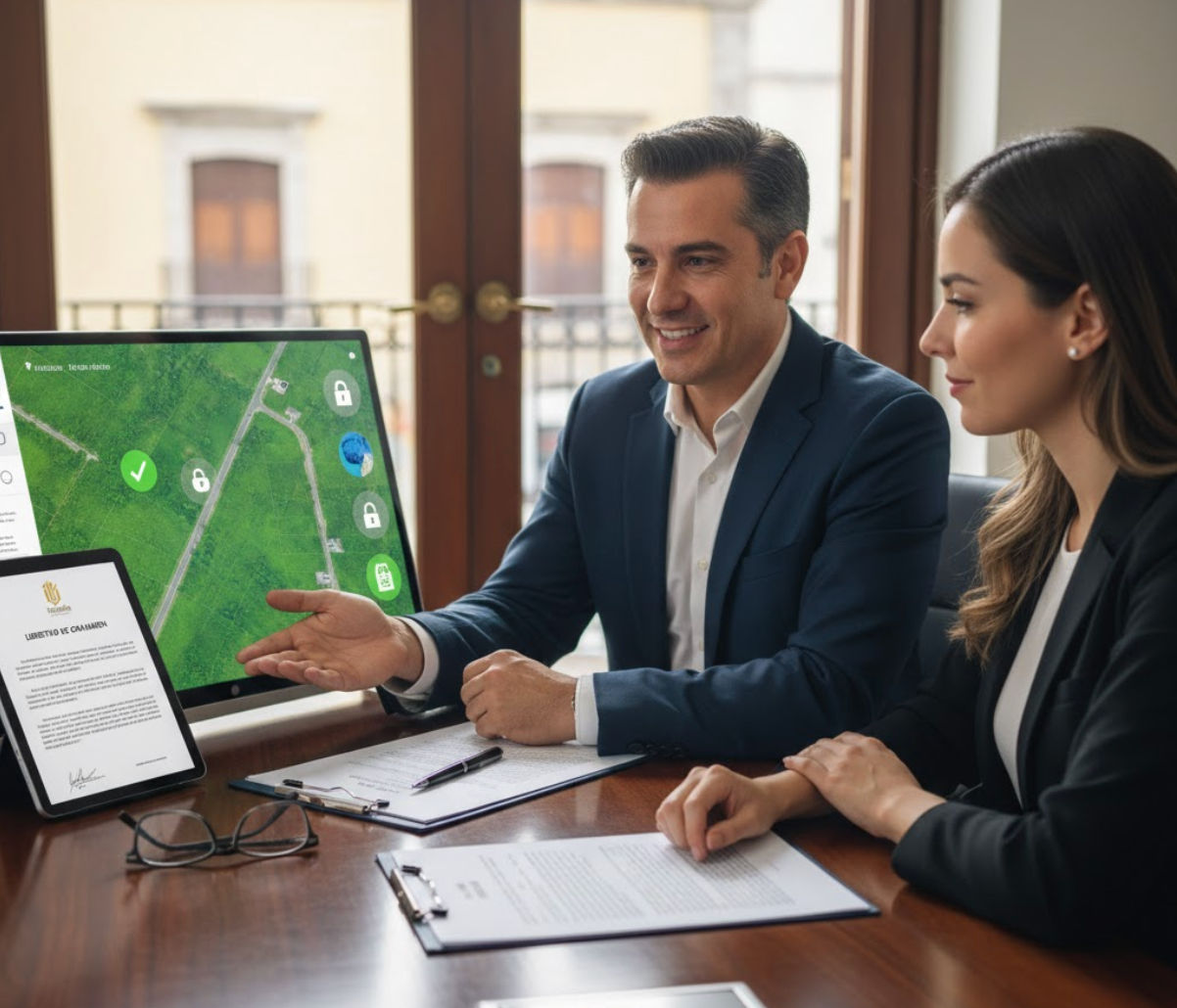 Asesoría legal y transparencia en inversion inmobiliaria Merida Asesor inmobiliario de Itzimna Real Estate mostrando documentos legales y mapa de lotificacion en Merida a una cliente en una oficina