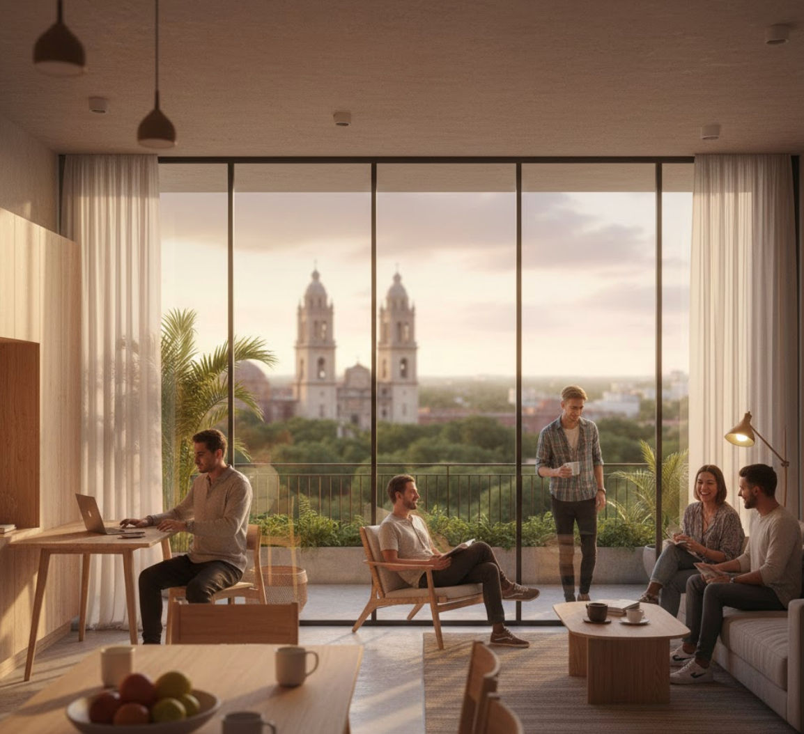 Interior de co-living en Mérida con áreas de coworking y descanso Personas en una sala de co-living moderna en Mérida con vista a la catedral