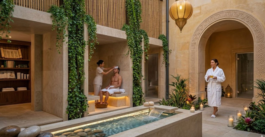 Un terapeuta de spa atendiendo a un cliente sentado en un spa de lujo con paredes de piedra y plantas colgantes, mientras otra persona con una bata de baño sostiene una taza.