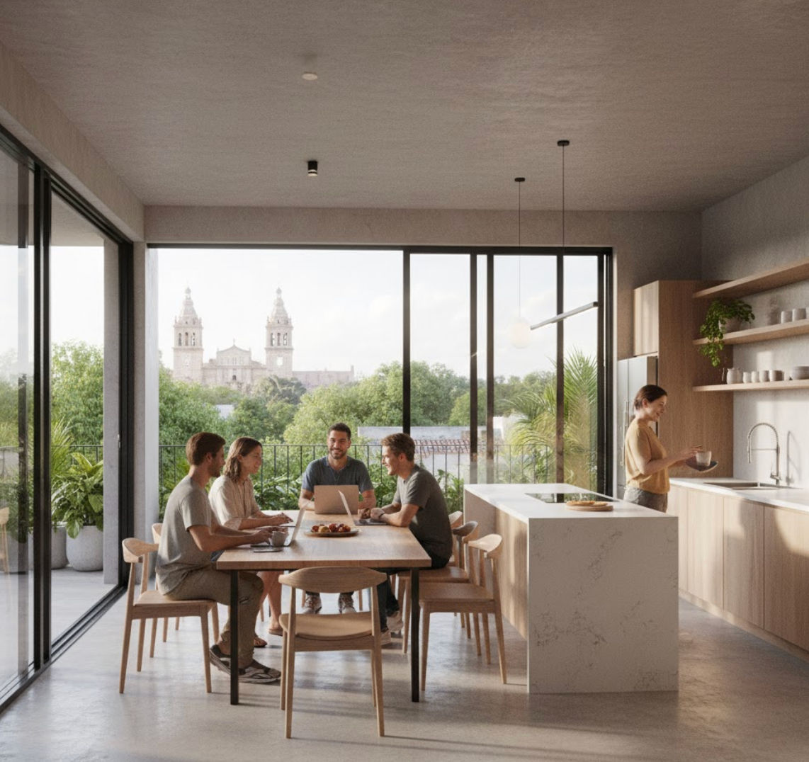 Ambiente de co-living en Mérida: cocina integral y área de trabajo compartido Jóvenes profesionales trabajando con laptops en una mesa de comedor de concepto abierto dentro de un co-living en Mérida con vista a la catedral