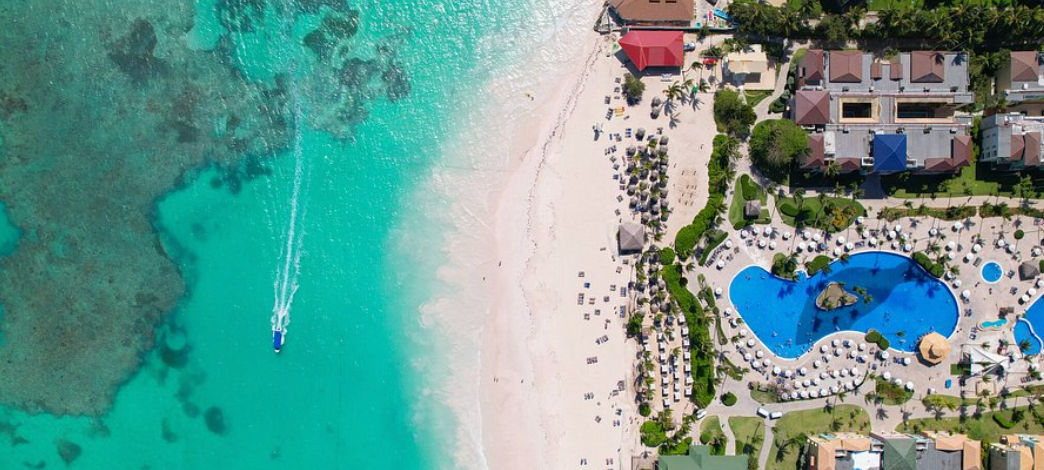 Aerial view of the pools and beach at Ocean Blue & Sand Beach Resort in Punta Cana