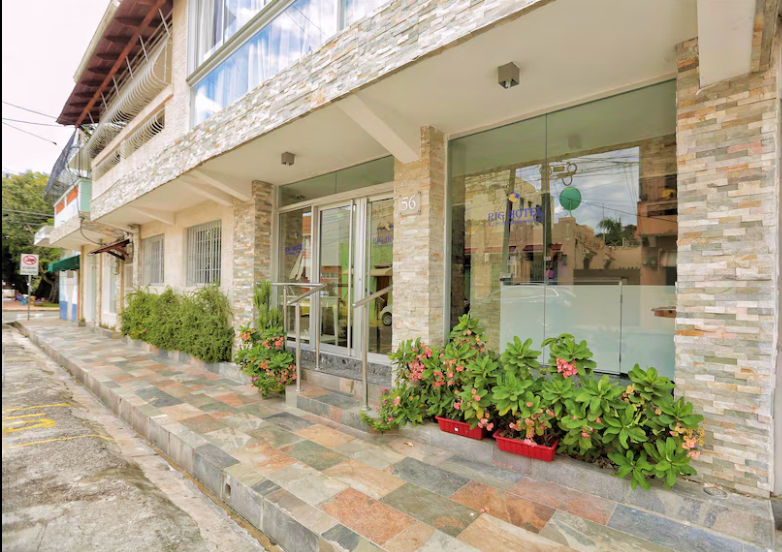 Exterior facade of the RIG Puerto Malecon hotel in Santo Domingo, featuring light stone-clad walls, a glass door entrance, and flower pots along the sidewalk.