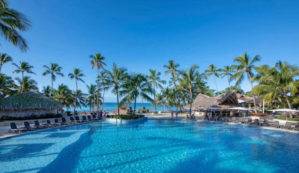 Aerial view of Viva Dominicus Palace hotel beach featuring palm trees, swimming pool, and lounge chairs