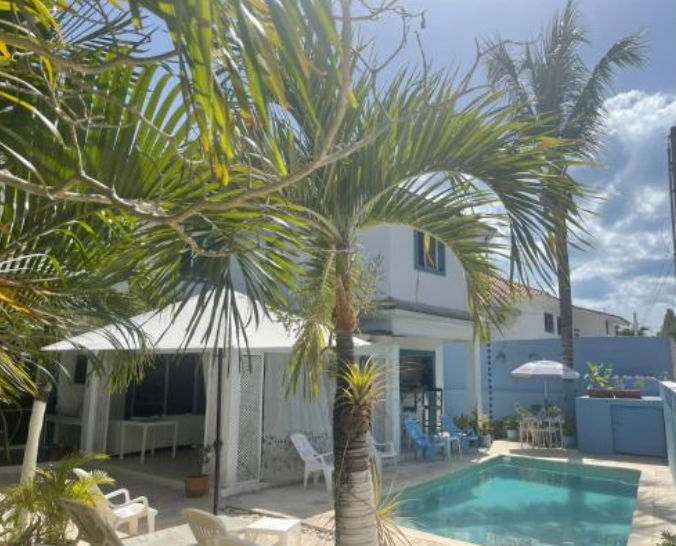 A bright, sunny outdoor view looking towards a two-story white house with blue accents. Lush palm trees and leafy branches in the foreground frame a sparkling private swimming pool with light blue water and white tile surrounding it. White and blue lounge