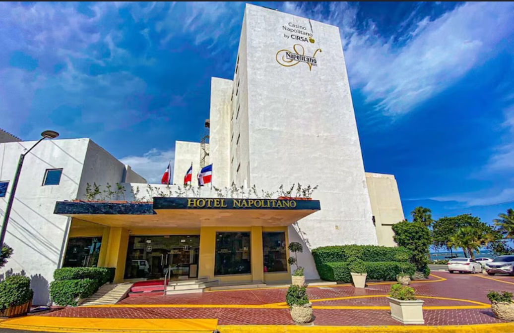 Main entrance facade of the Napolitano Hotel and Casino on the Malecon in Santo Domingo, Dominican Republic