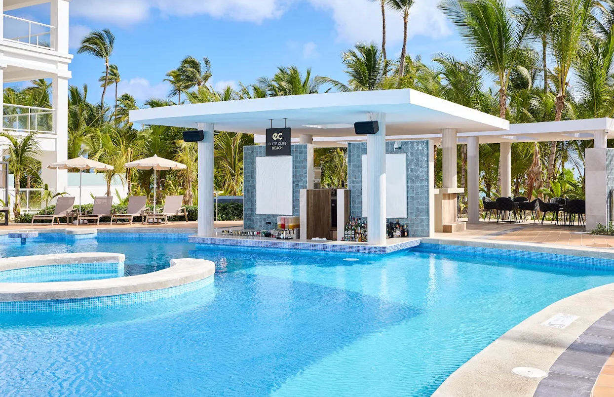 Beautiful view of the architecture and gardens at the Riu Palace Bavaro resort in Punta Cana