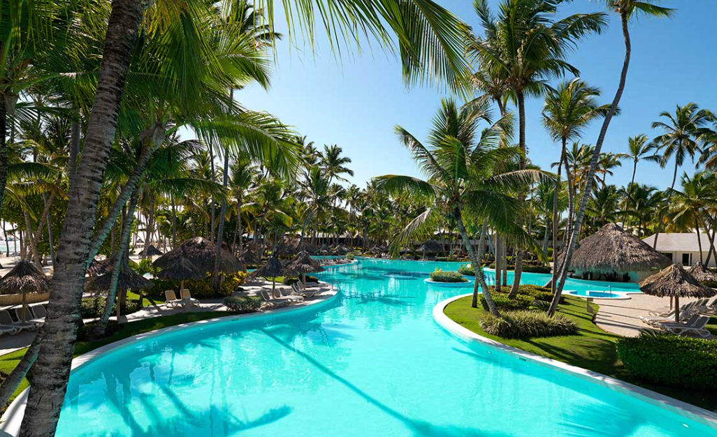 Crystal-clear swimming pool at a Punta Cana hotel surrounded by lush tropical trees, palm trees, and lounge areas