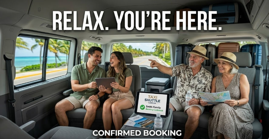 Taxi shuttle de Cancún transportando a la familia Smith felizmente desde el aeropuerto al hotel, reserva confirmada.