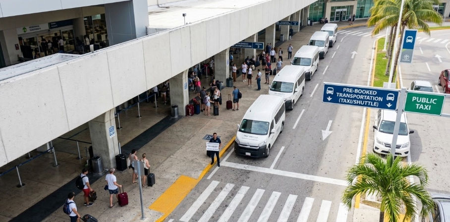 Taxi shuttle Cancún privado esperando pasajeros en el aeropuerto