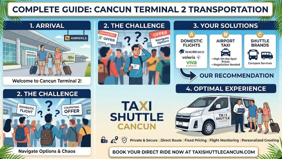 Llegada de familia a la Terminal 2 del Aeropuerto de Cancún para tomar su transportación privada en van al hotel, con chofer esperándolos, guía de transporte.