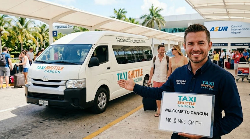 Llegada de Taxi Shuttle Cancún en el Aeropuerto de Cancún para traslados a hoteles