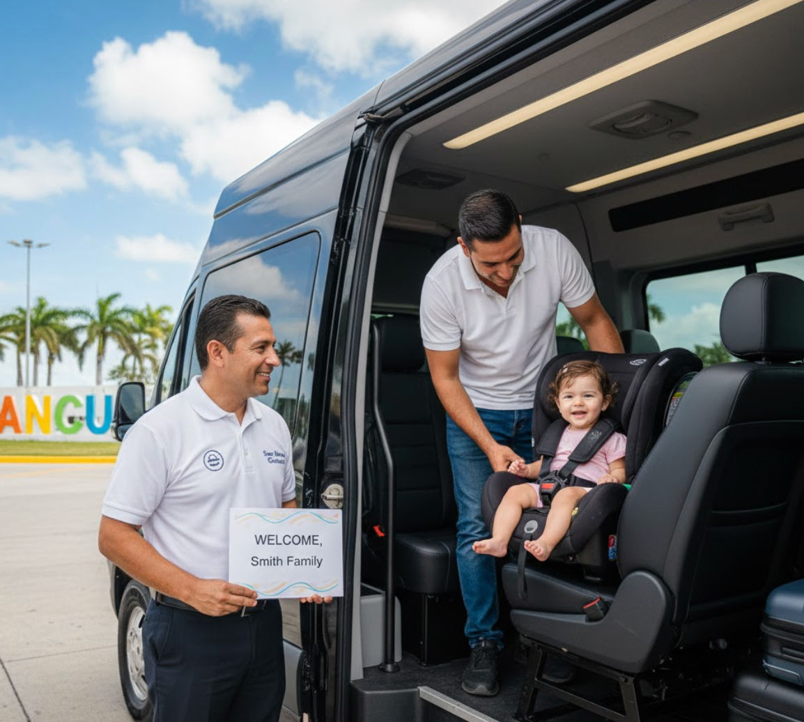 Transporte con silla de bebe aeropuerto Cancun de Taxi Shuttle Cancun