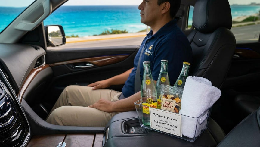 Lujoso servicio de Taxi Shuttle Cancún con bebidas para ir del aeropuerto al hotel
