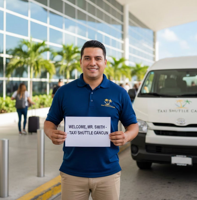 Professional Taxi Shuttle Cancun driver waiting for passengers at the arrival terminal Reliable airport transfer companies at Cancun Airport
