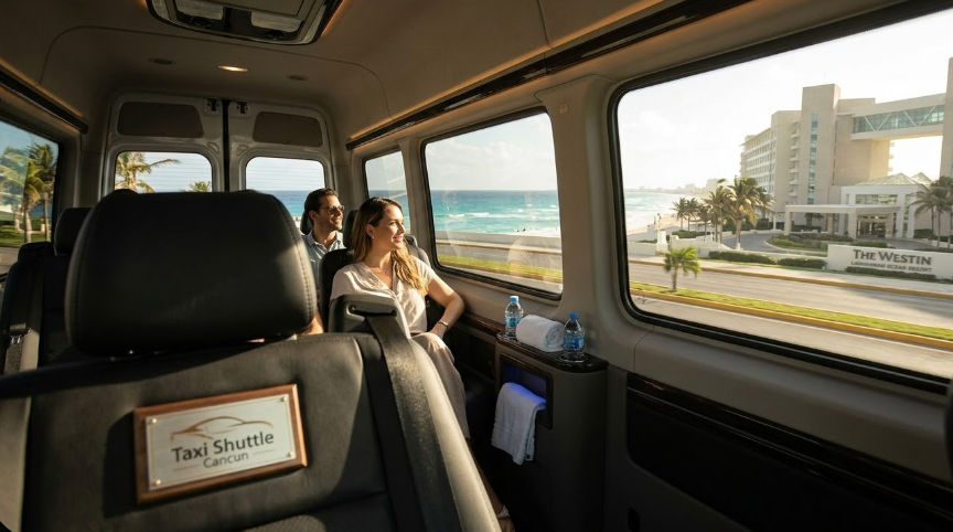 A couple enjoying a luxurious Taxi Shuttle Cancun from the airport to their hotel with ocean views.