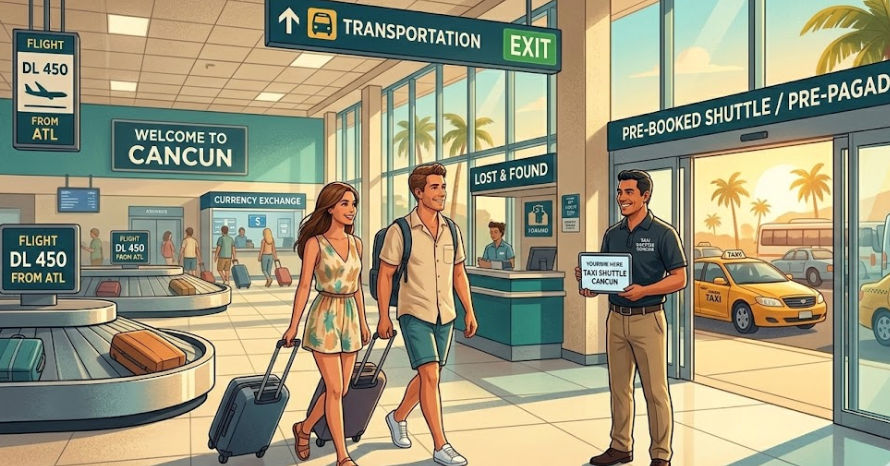 Arriving passengers at Cancun Airport Terminal 3 meeting their private driver from Taxi Shuttle Cancun near the baggage claim and exit area.