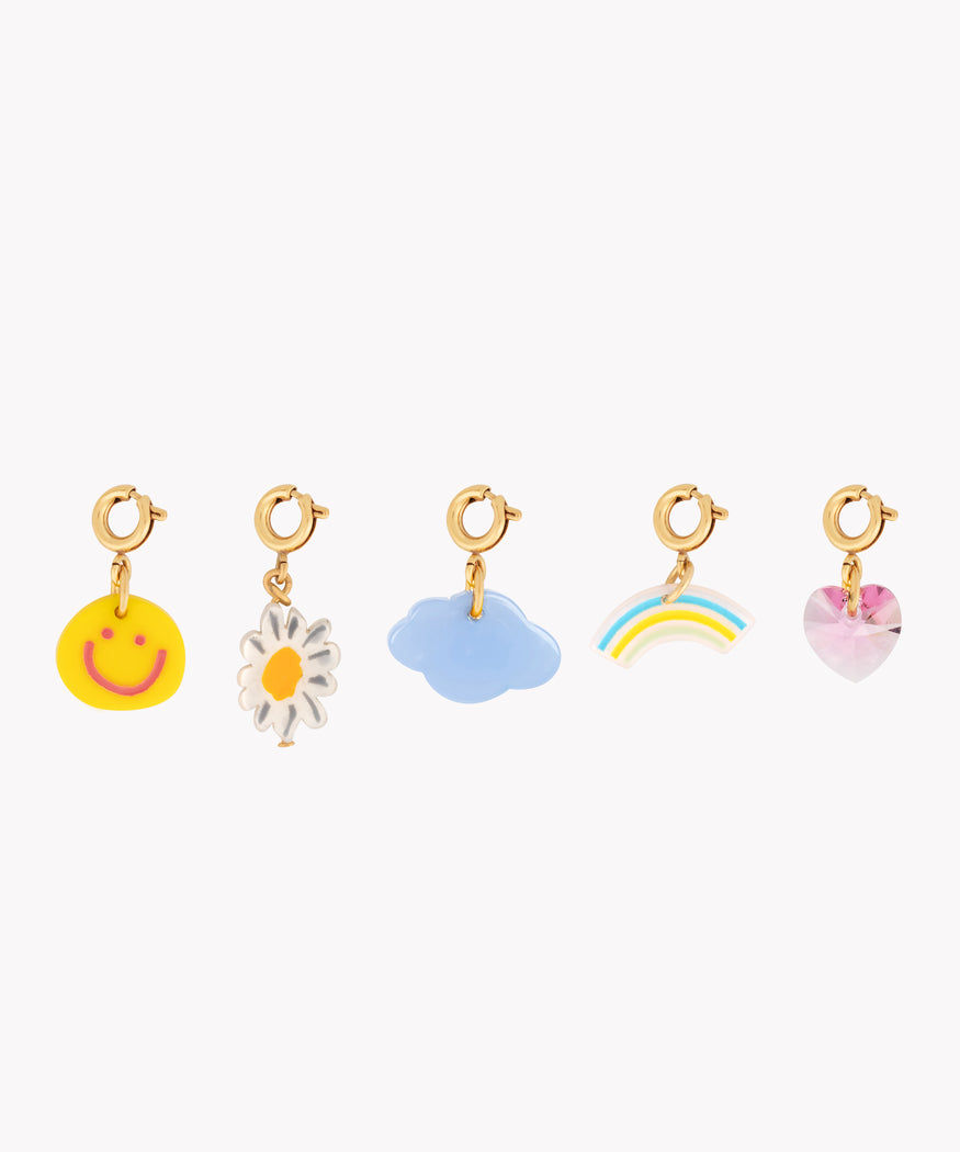 A set of WALD x Frollein Herr Charms by WALD Berlin with a rainbow, a sun and a flower.