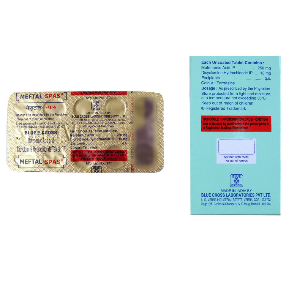 Meftal-Spas Dicyclomine 10mg & Mefenamic Acid 250mg Tablets, Blue Cross  Laboratories Ltd, Treatment: Menstrual Pain