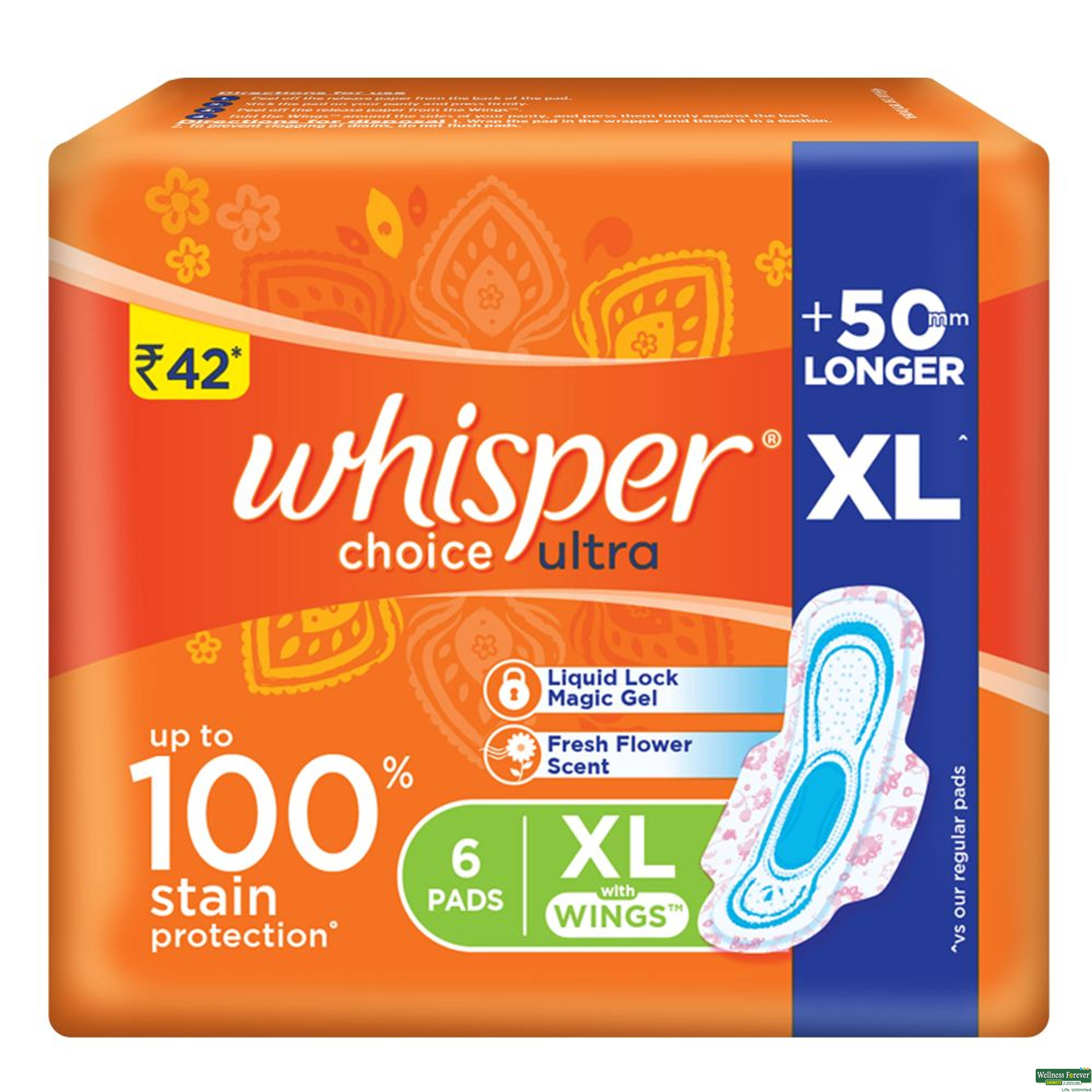 Whisper Ultra Choice Wings Sanitary Pads, 6 pads-image