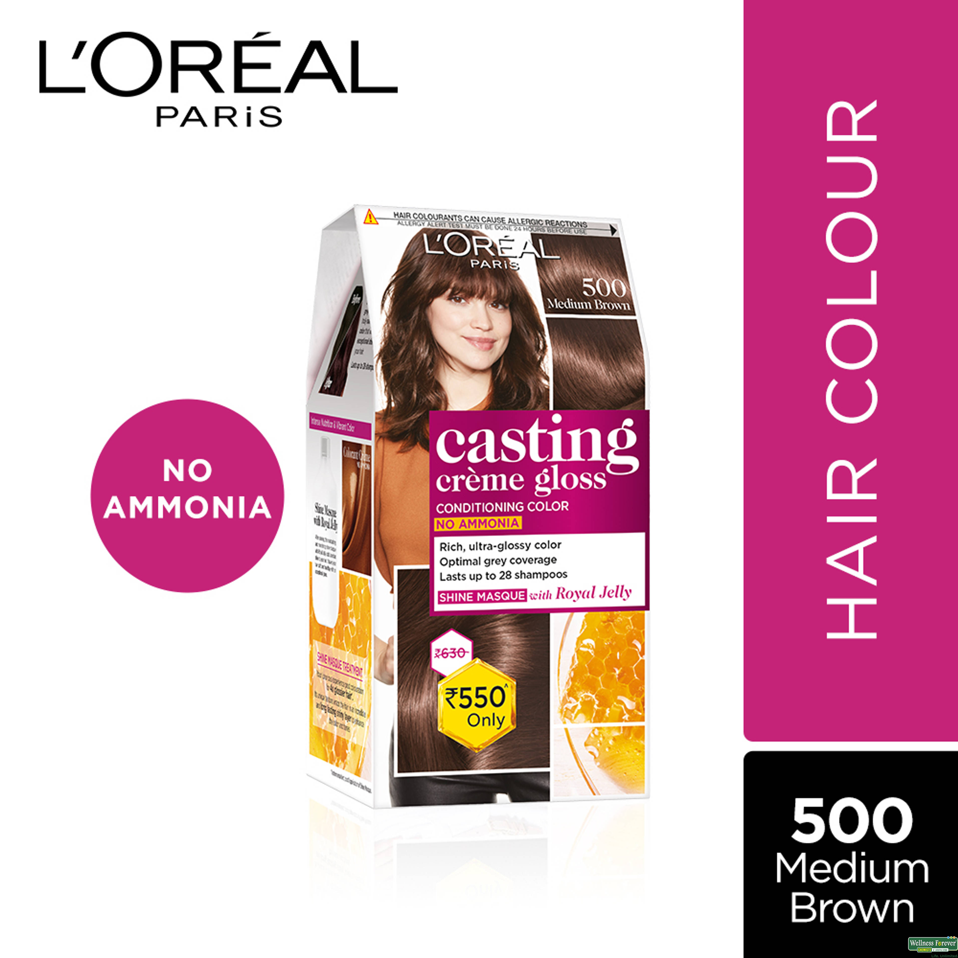 L'Oreal Paris Casting Creme Gloss Hair Color, 500 Medium Brown, 87.5 G + 72 Ml, 1 Piece-image