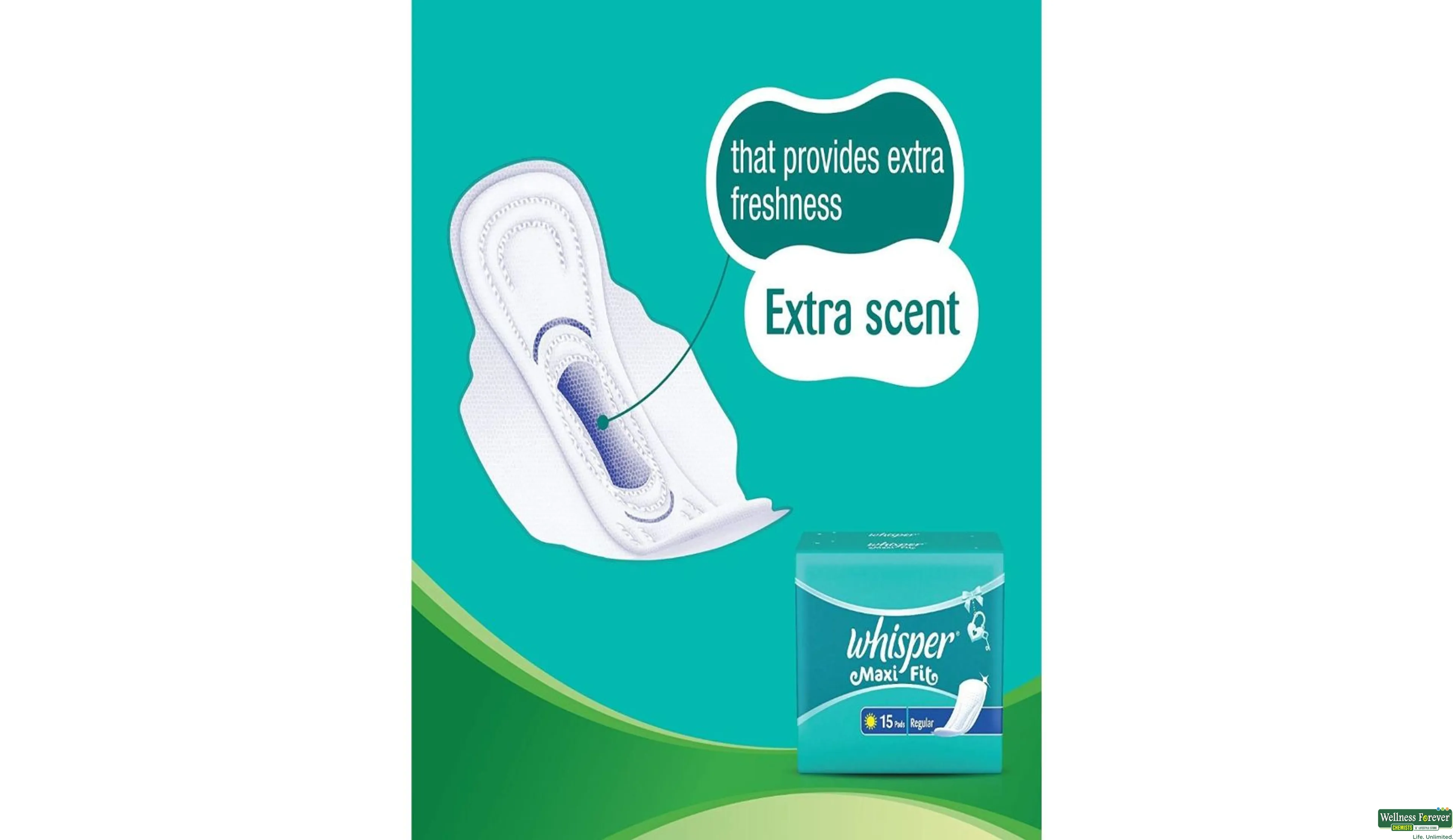 whisper maxi fit regular 15 pads
