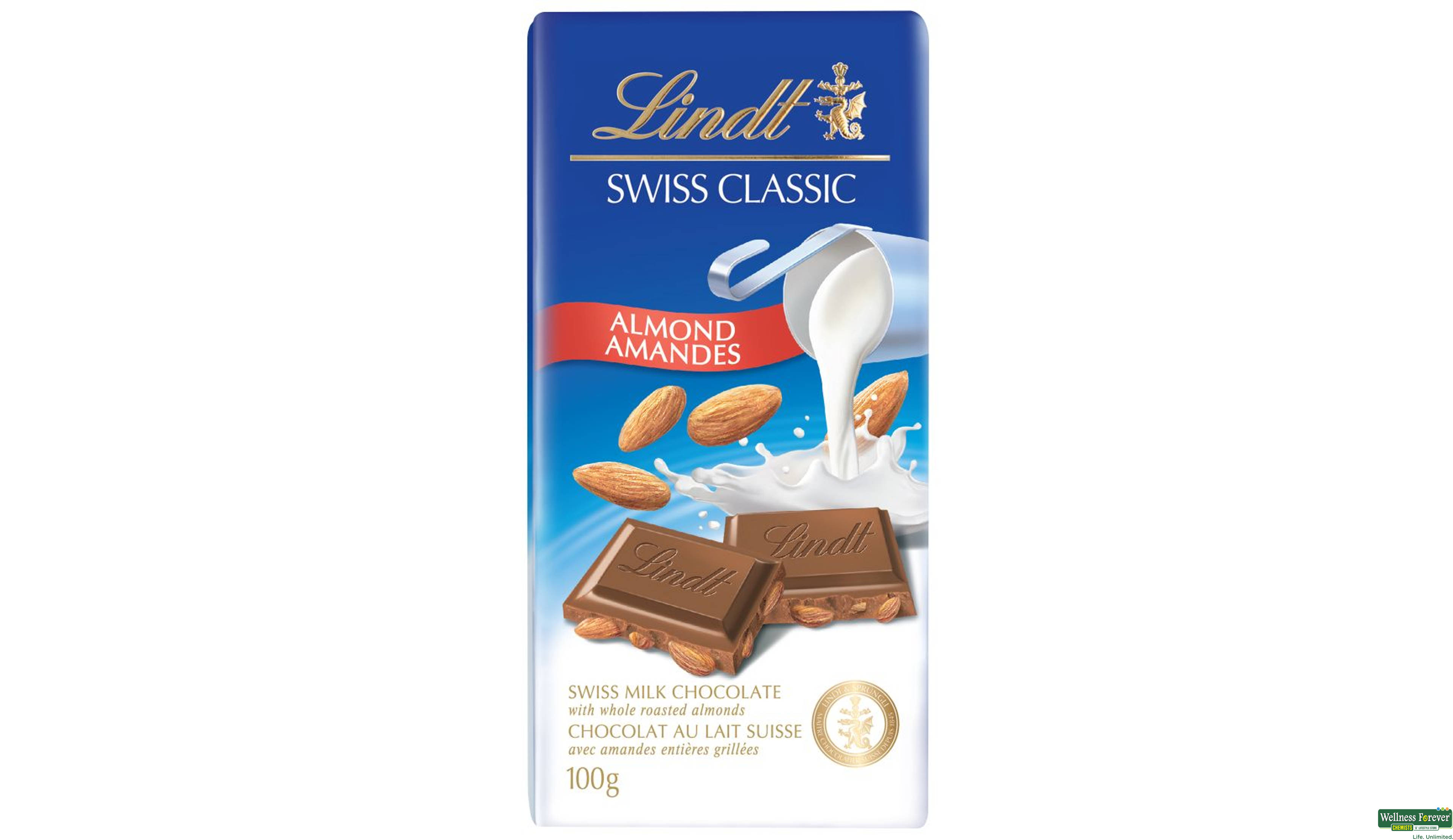 LINDT CHOC SWISS CLASSIC ALMOND 100GM- 1, 100GM, 