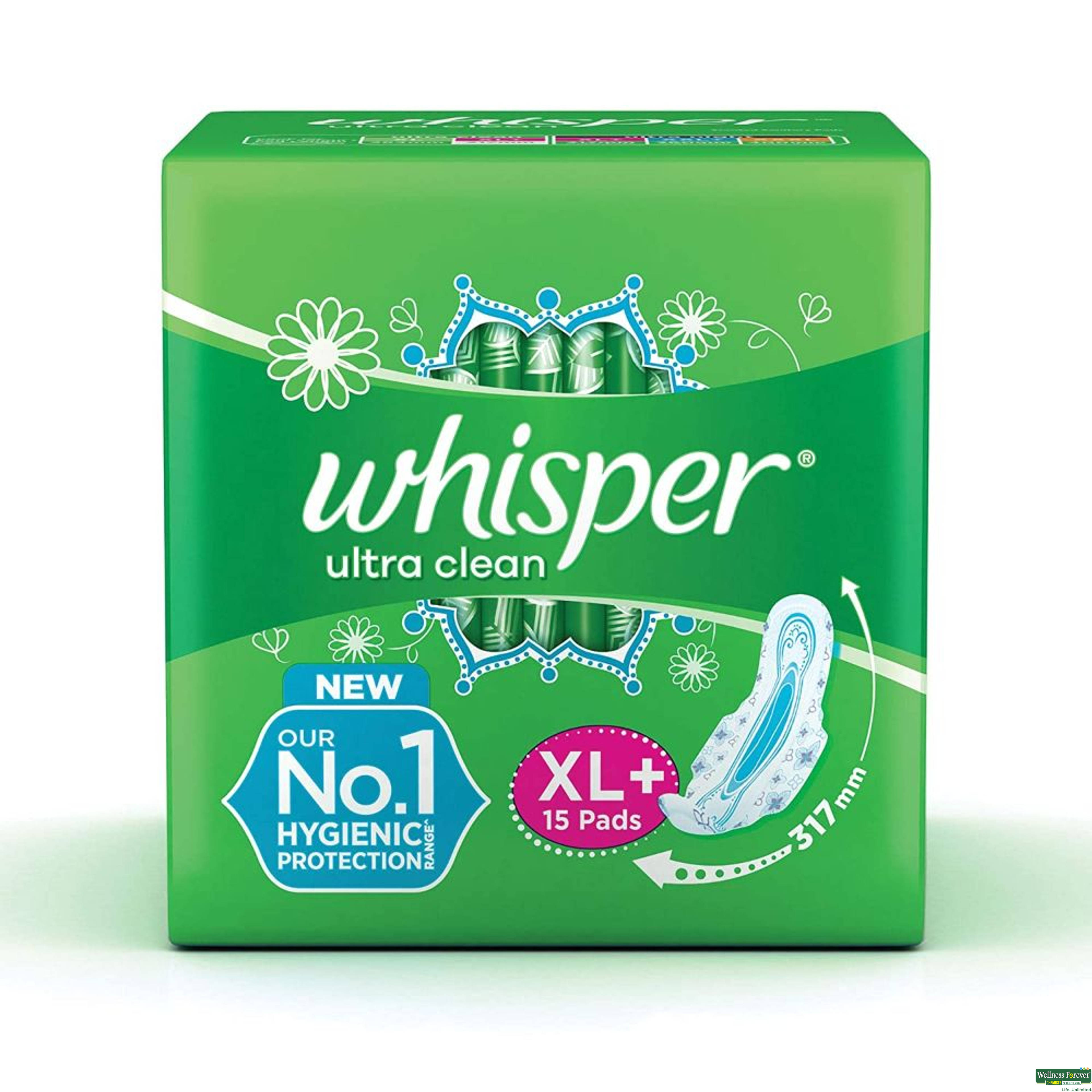 Whisper Sanitary Pads Ultra Clean Wings XL+ 15 Pieces-image