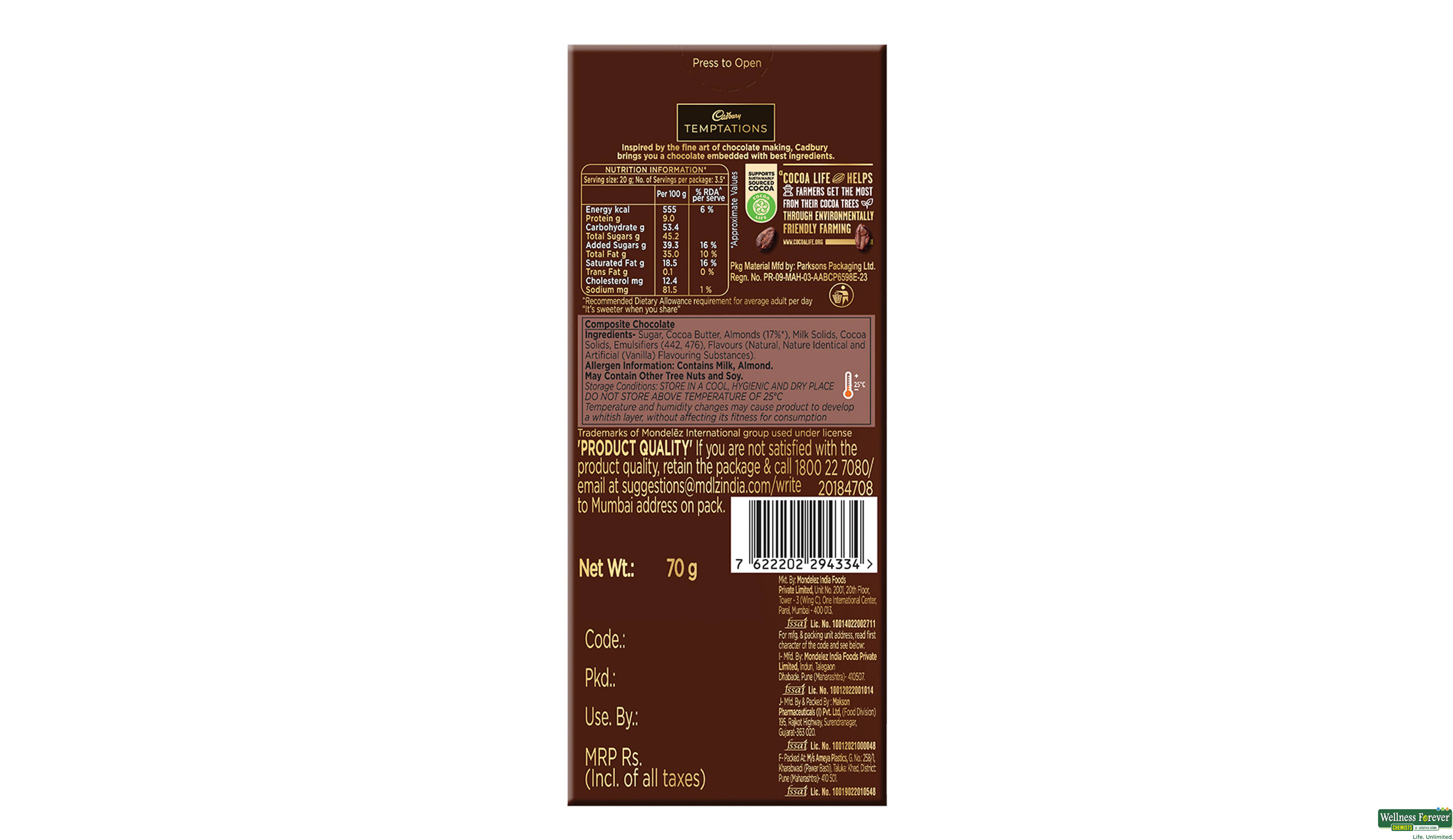 CADB CHOC TEMPTATION ALMOND 72GM- 2, 72GM, 