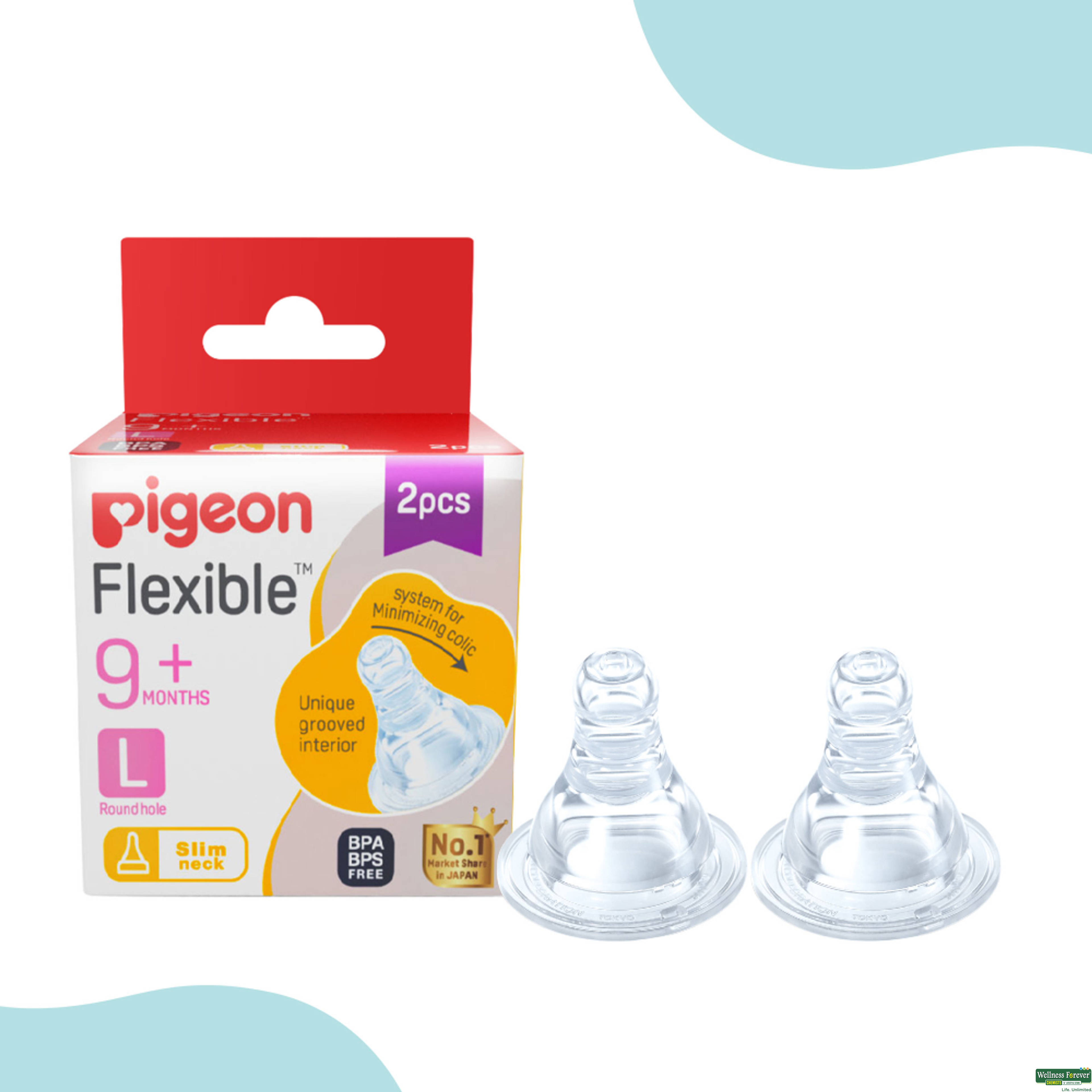 Pigeon Baby Peristaltic Nipple, Slim Neck, Large, 2 Pieces-image