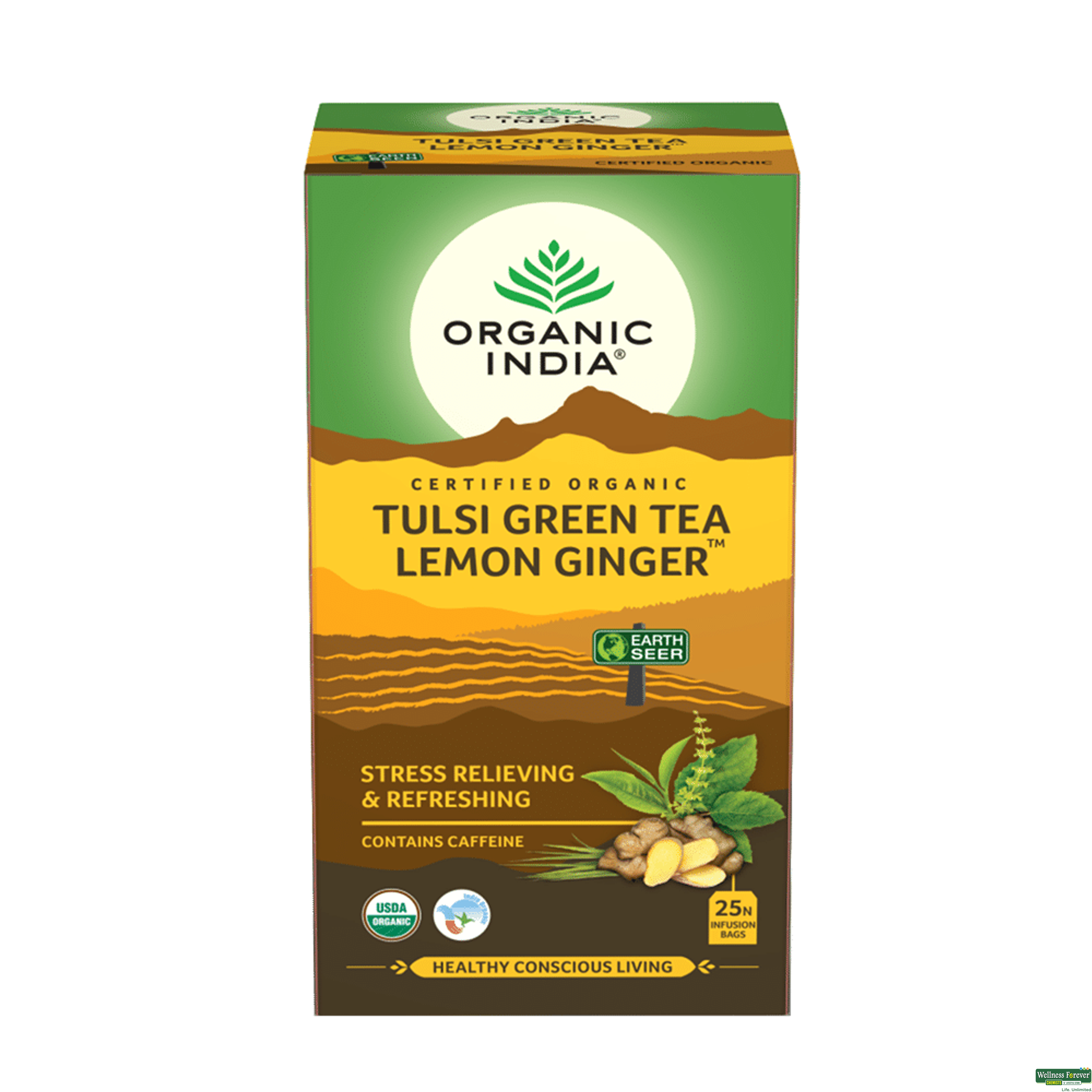 Organic India Tulsi Green Tea Lemon Ginger 25 Bags-image