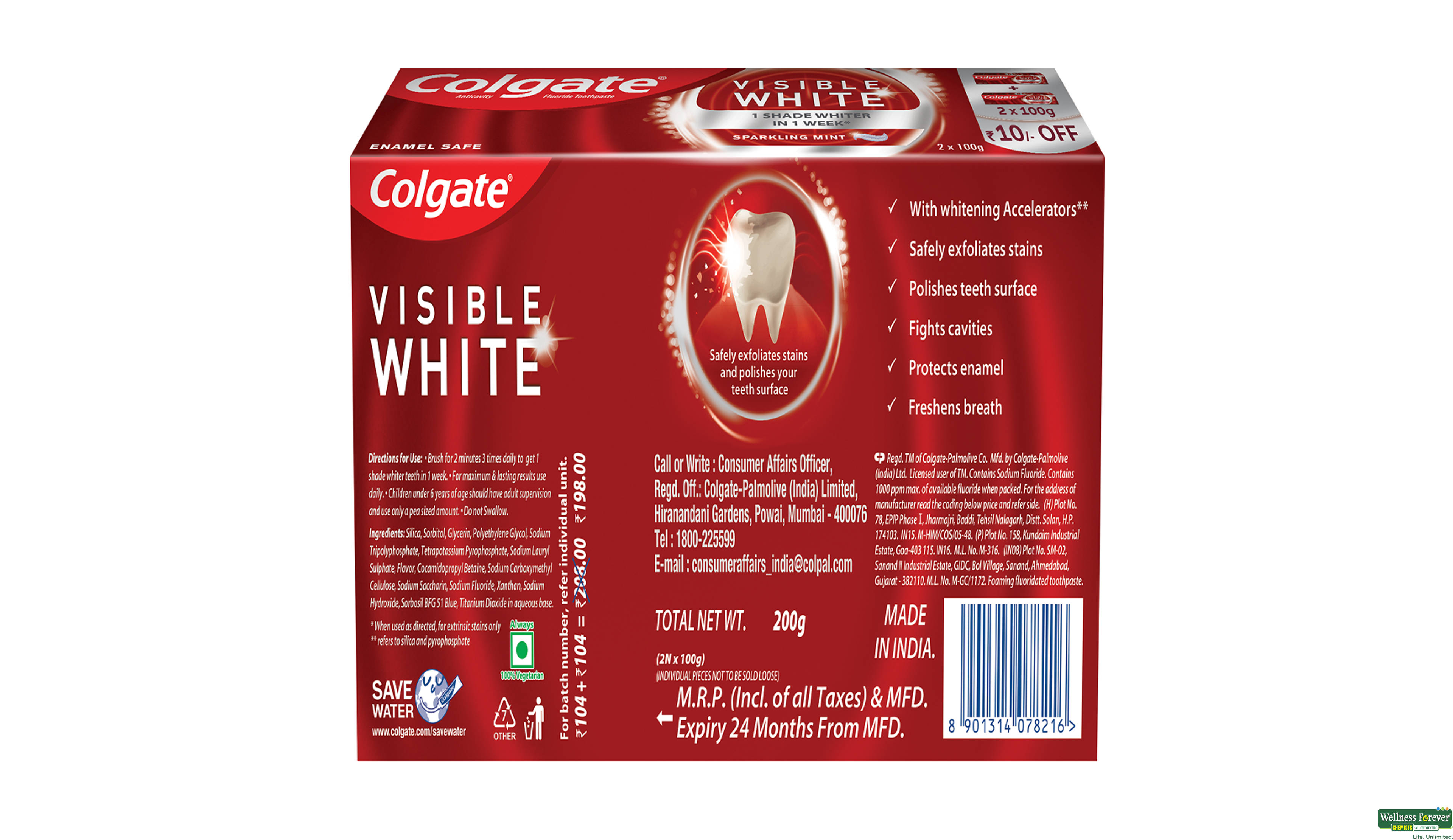 COLG T/PASTE VISIBALE WHITE 2X100GM- 2, 200GM, 