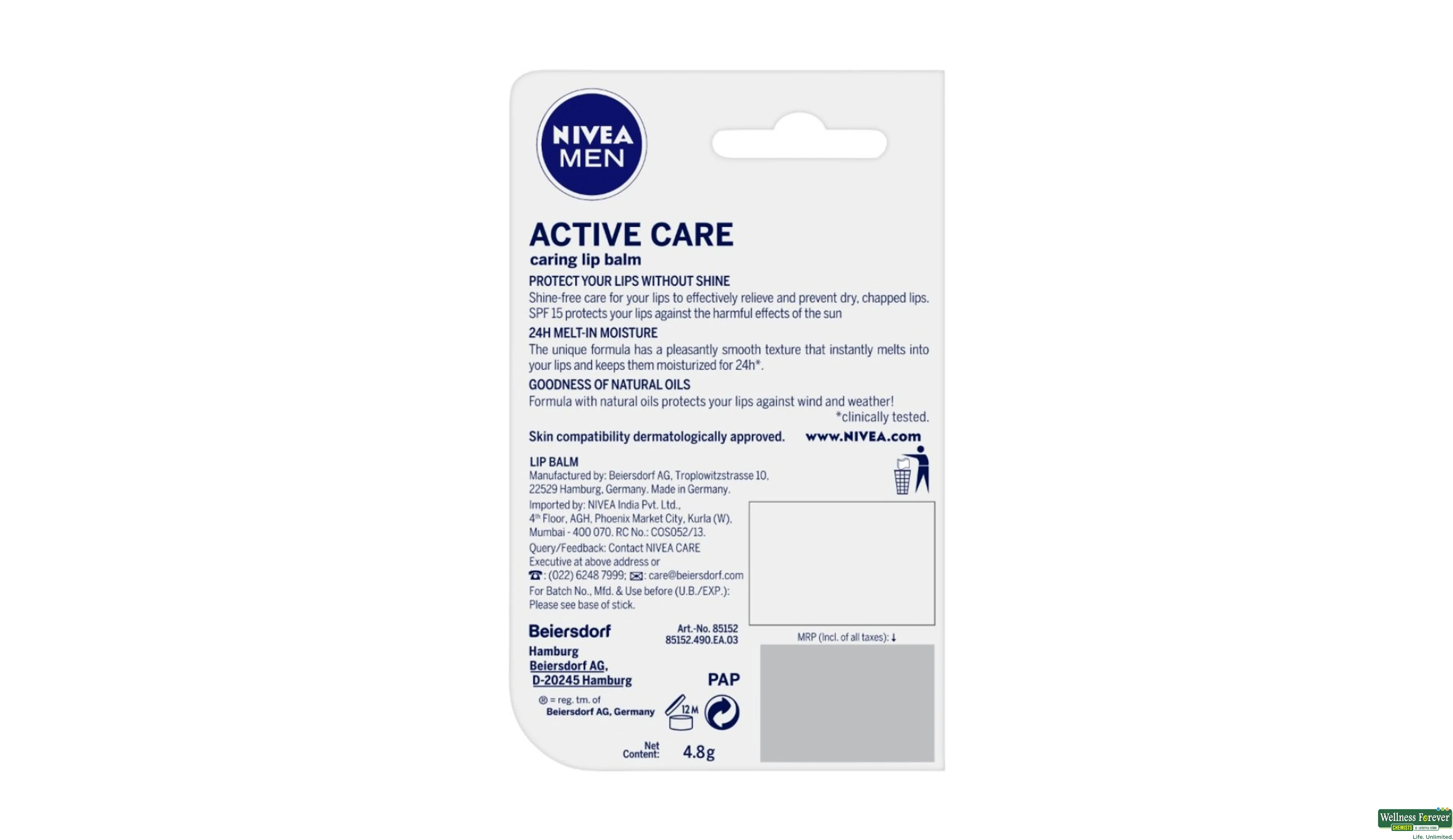 NIVEA LIPCARE MEN ACTIVE SPF15 4.8GM- 2, 4.8GM, 