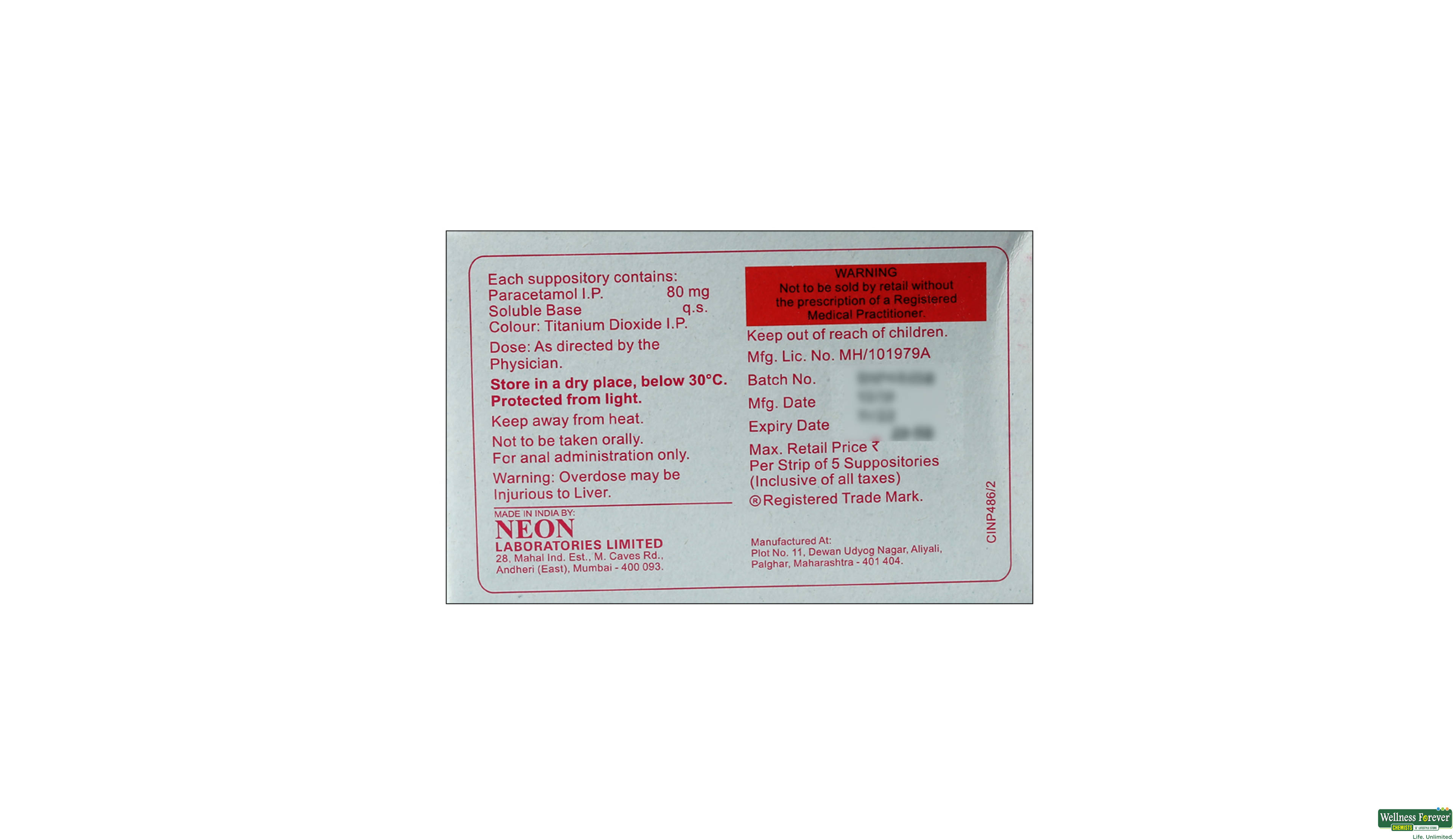 NEOMOL 80MG SUPP 5PC- 2, 5PC, 