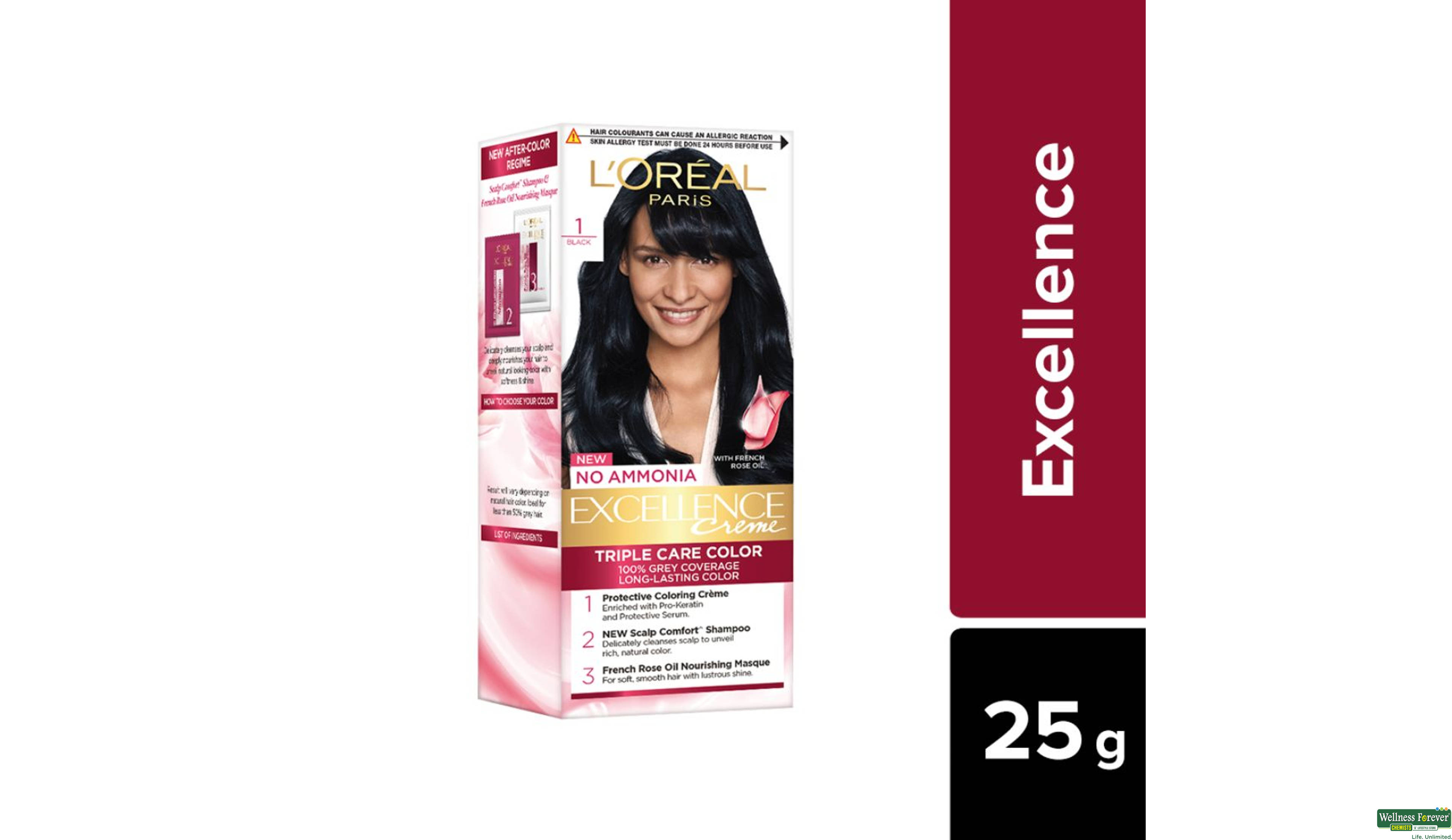 LOREAL PARIS EXCELLENCE HAIR COLOR NATURAL BLACK 1 25GM+25ML- 1, 1PC, 