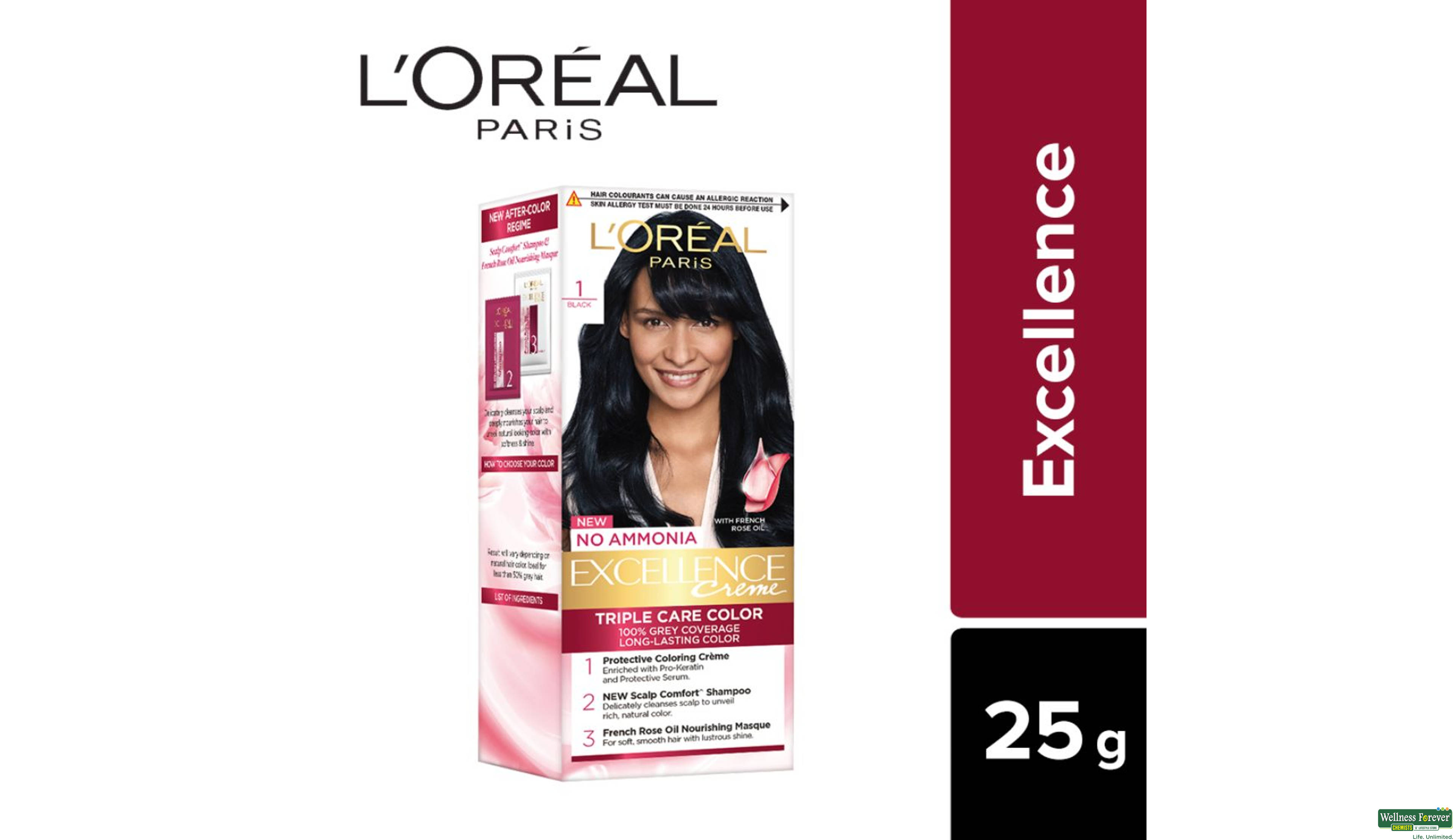 LOREAL PARIS EXCELLENCE HAIR COLOR NATURAL BLACK 1 25GM+25ML- 2, 1PC, 