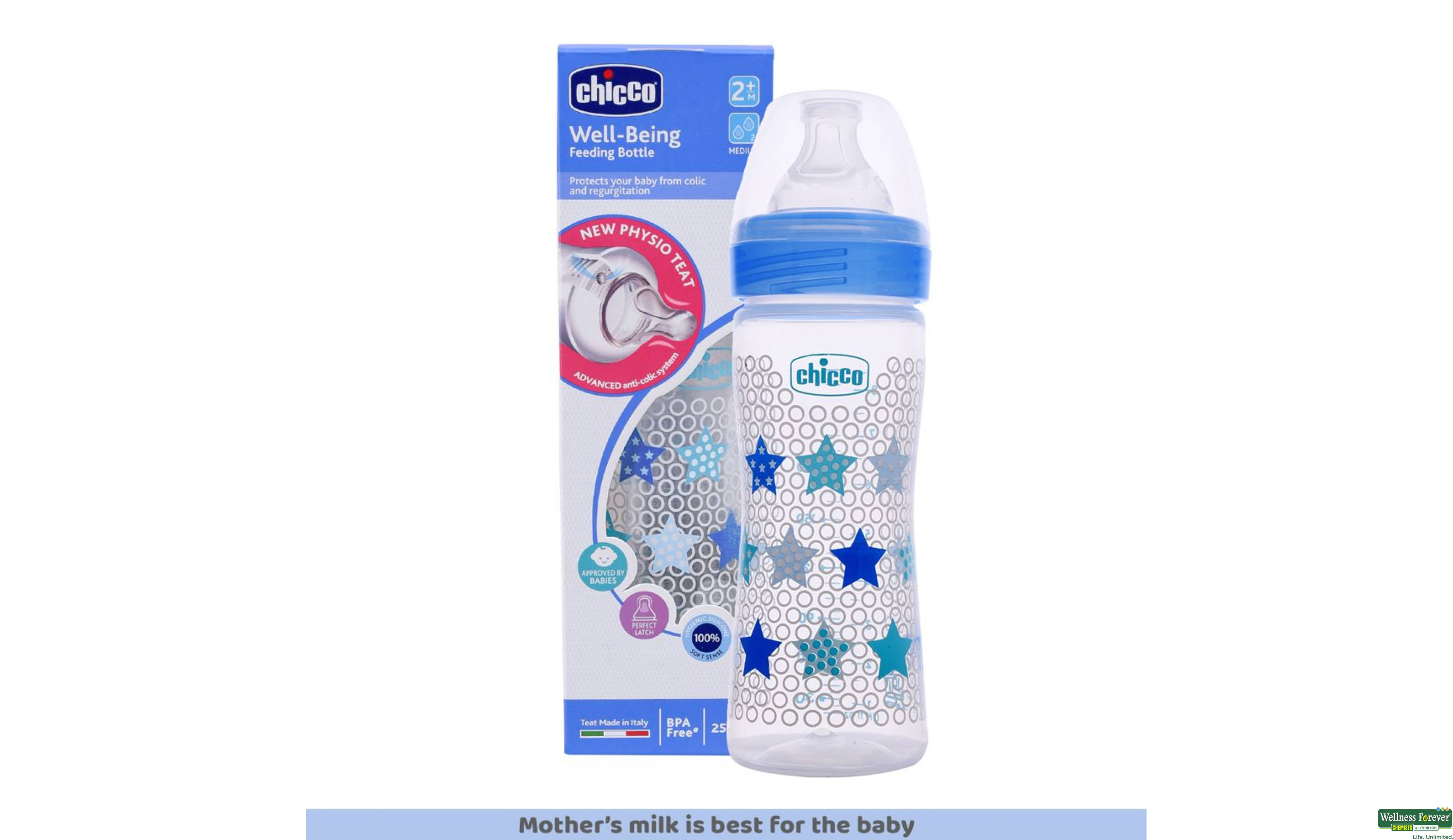 CHICCO FEED/BOTT BLUE 250ML- 3, 250ML, 