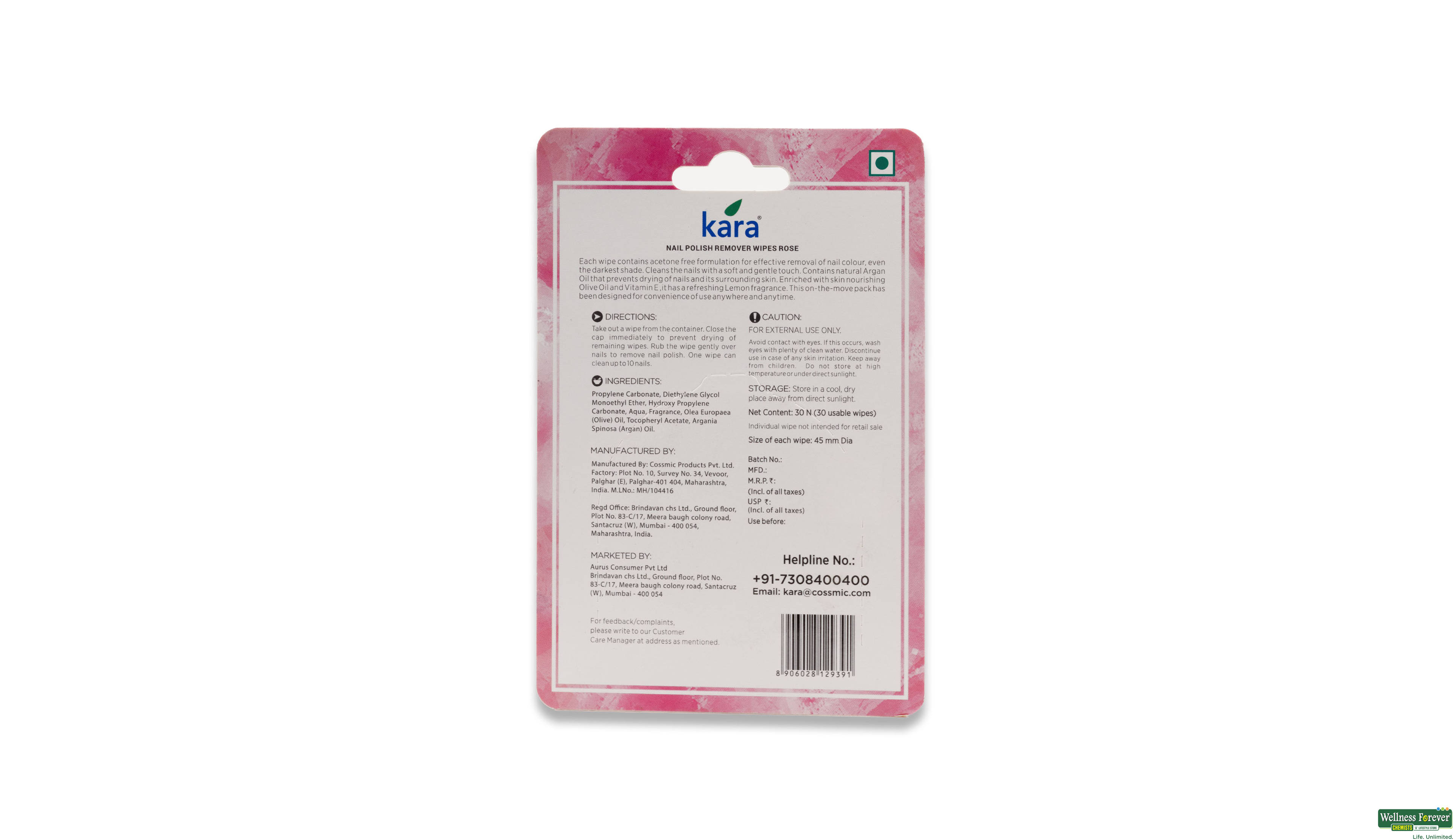 KARA WIPES NAIL POLISH REMOVER ROSE 30PC- 2, 30PC, 