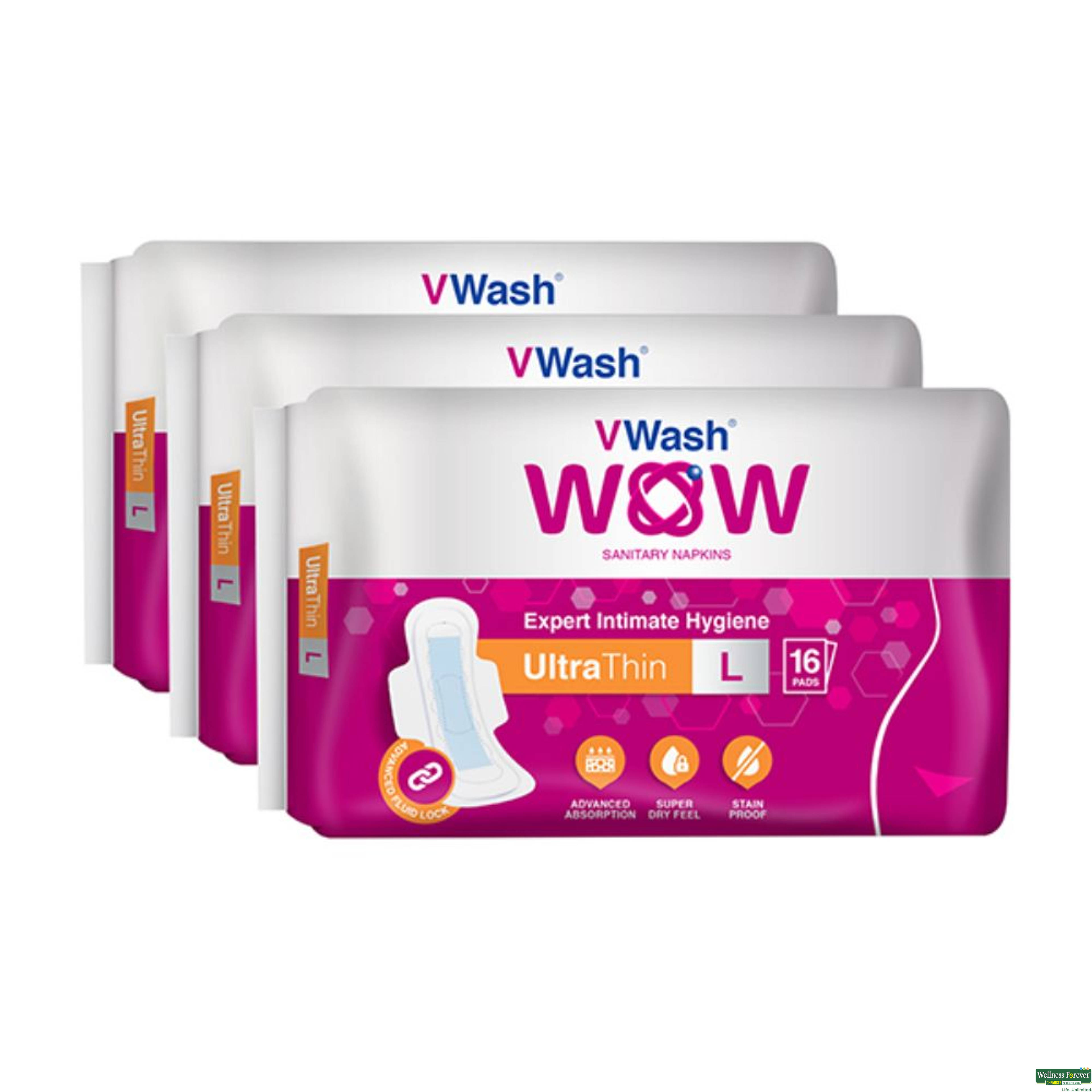 VWash Wow Ultra Thin Large Sanitary Napkins, 16 pads-image