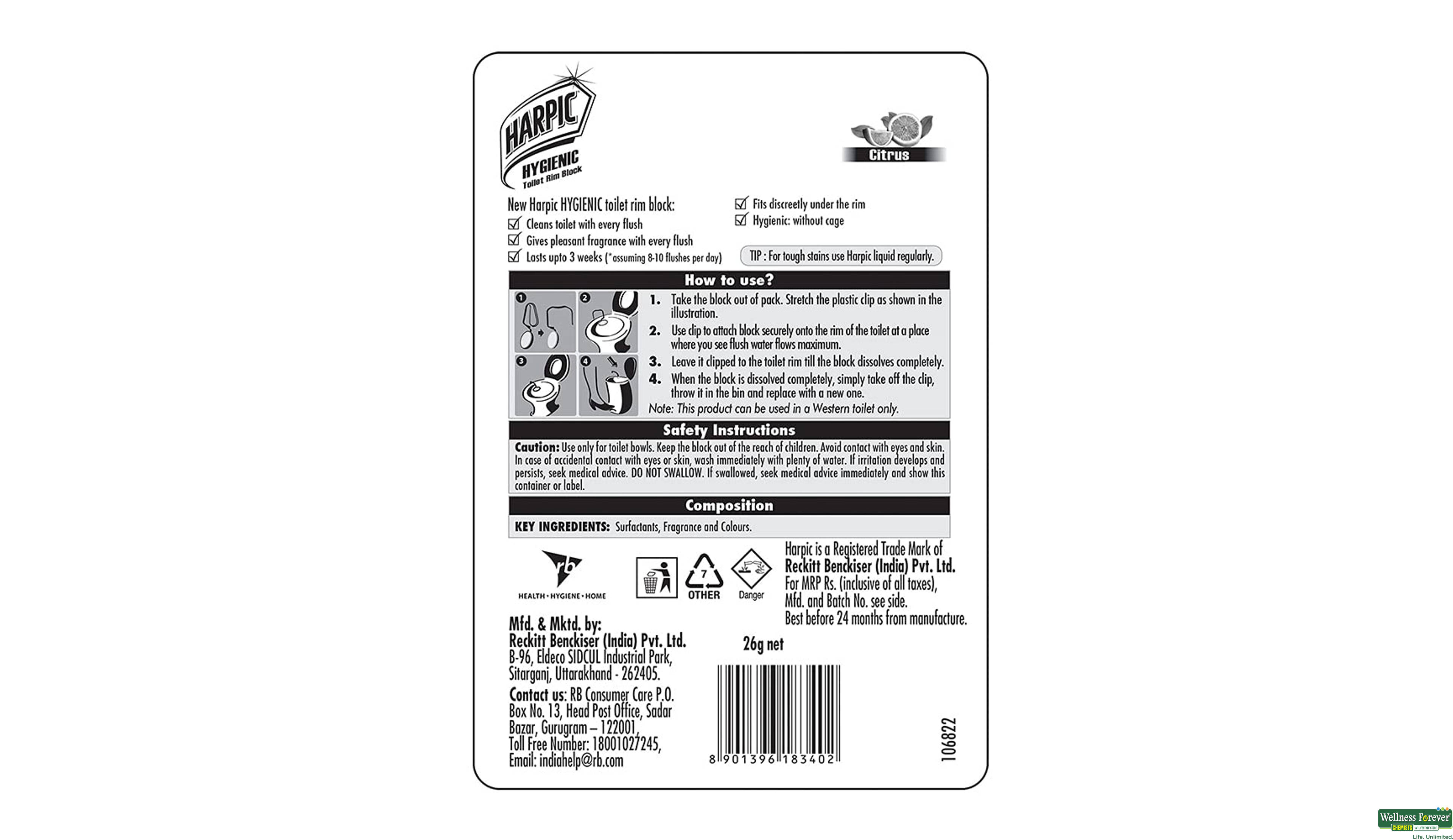 HARPIC TOILET RIM BLOCK CITRUS- 3, 1PC, 