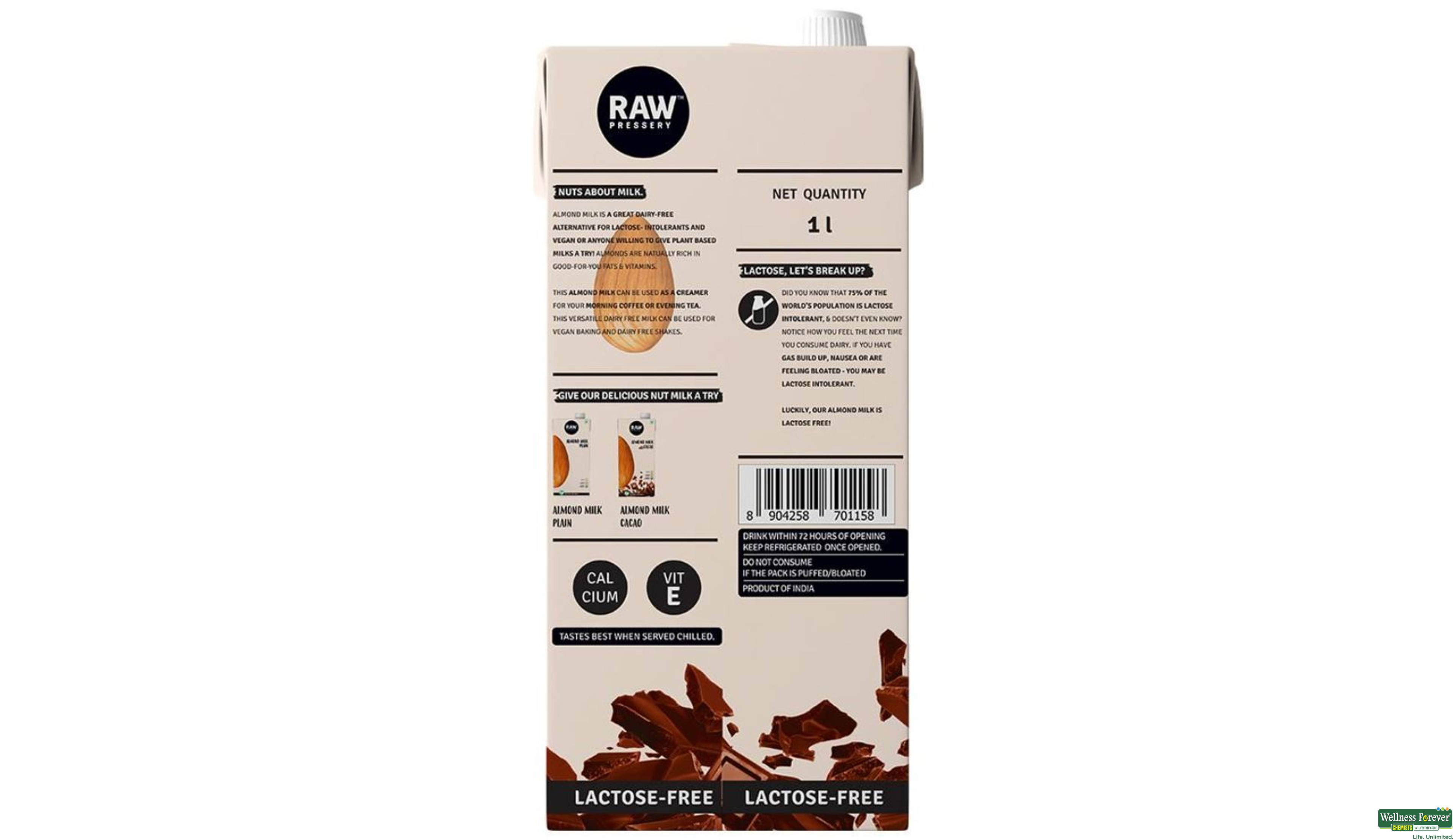 RAW PRESSERY ALMOND MILK CACAO 1LTR- 2, 1LTR, null