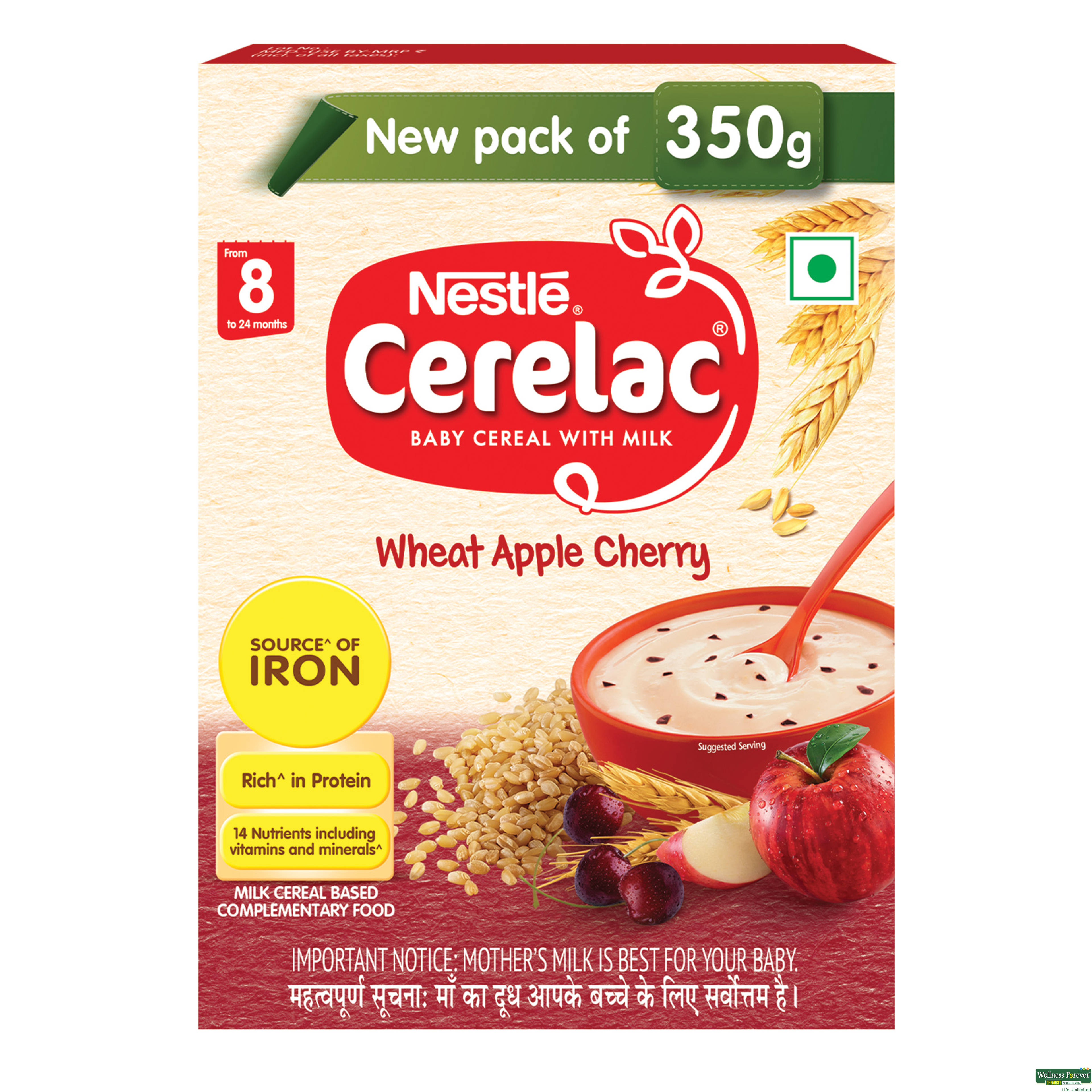 Nestle Cerelac Baby Cereal with Milk Wheat Apple Cherry From 8 Months Refill Pack 300g-image