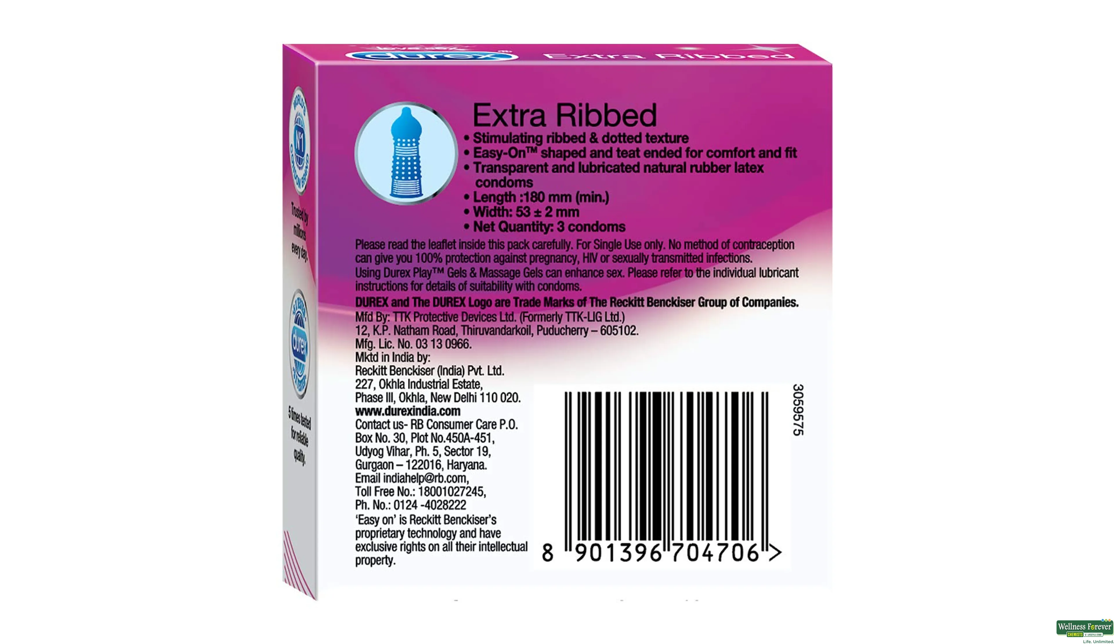 DUREX CONDOM EXTRA RIBBED 3PC- 2, 3PC, 