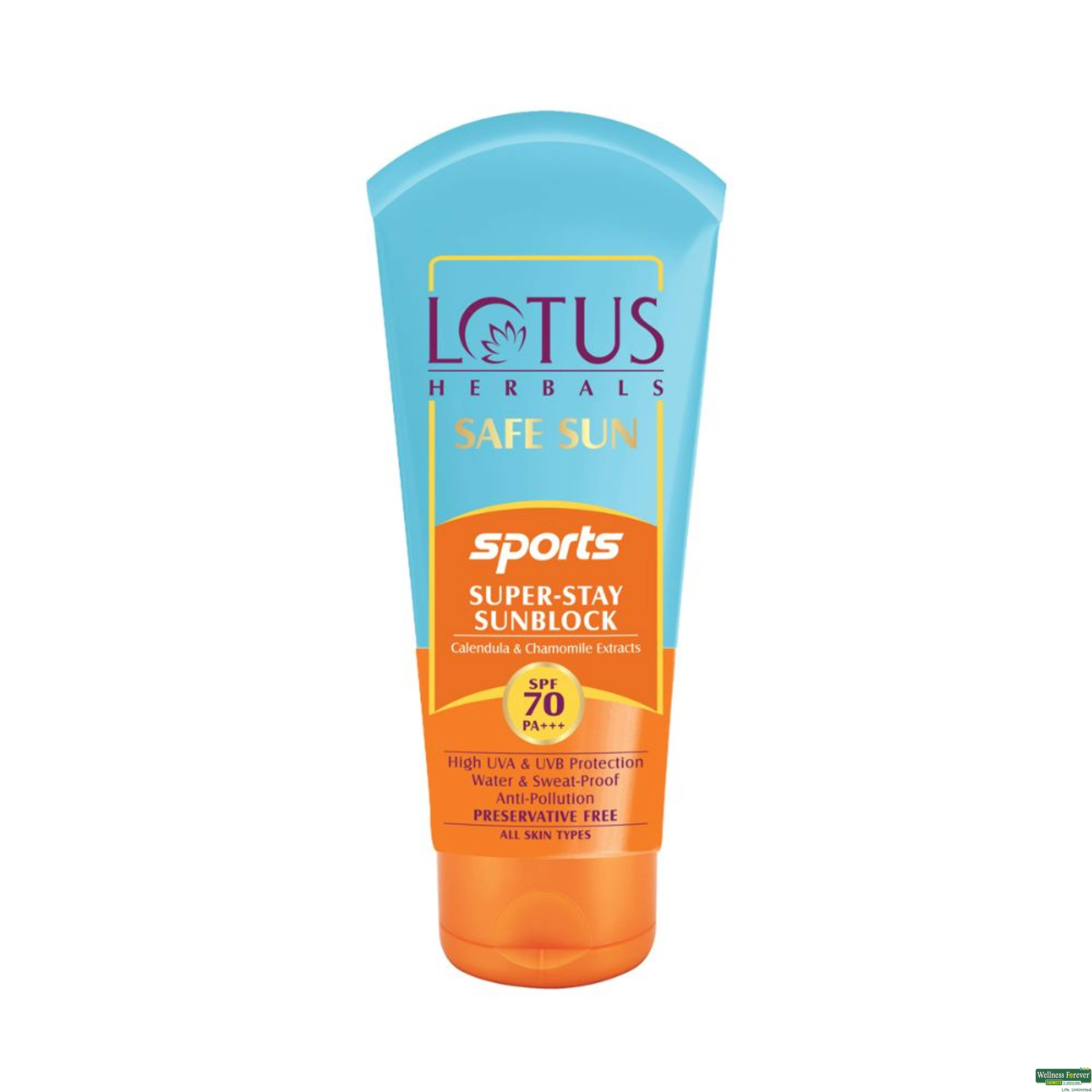 Lotus Herbals Safe Sun Sports Super Stay Sunscreen Cream SPF 70 PA+++, 80 g-image