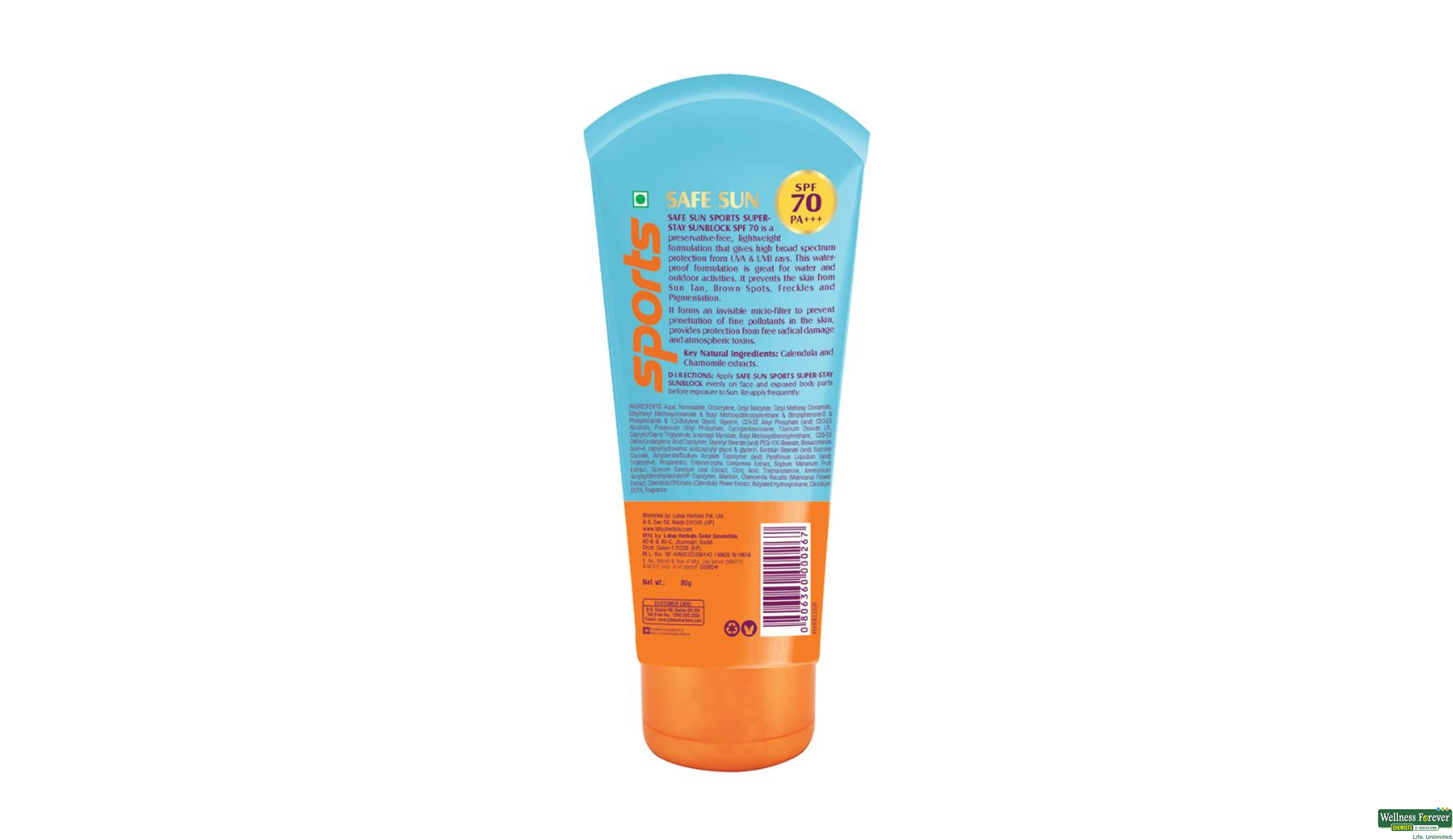 LOTUS F/CRM SAFE SUN SPORTS SUPER STAY CREAM SPF70 80GM- 2, 80GM, 