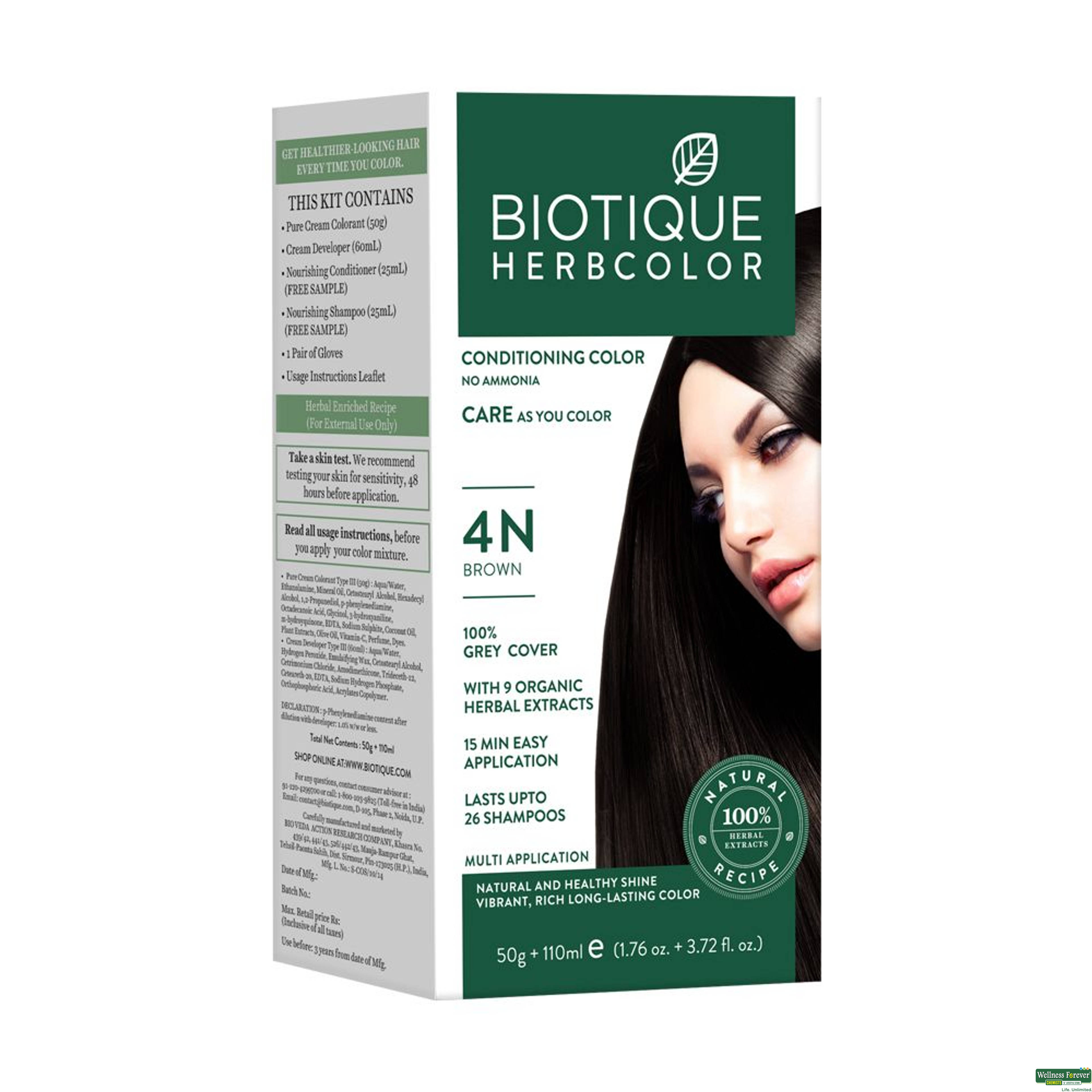 Biotique Bio Herbcolor 4N Brown Conditioning Color No Ammonia, 50 g + 110 ml-image