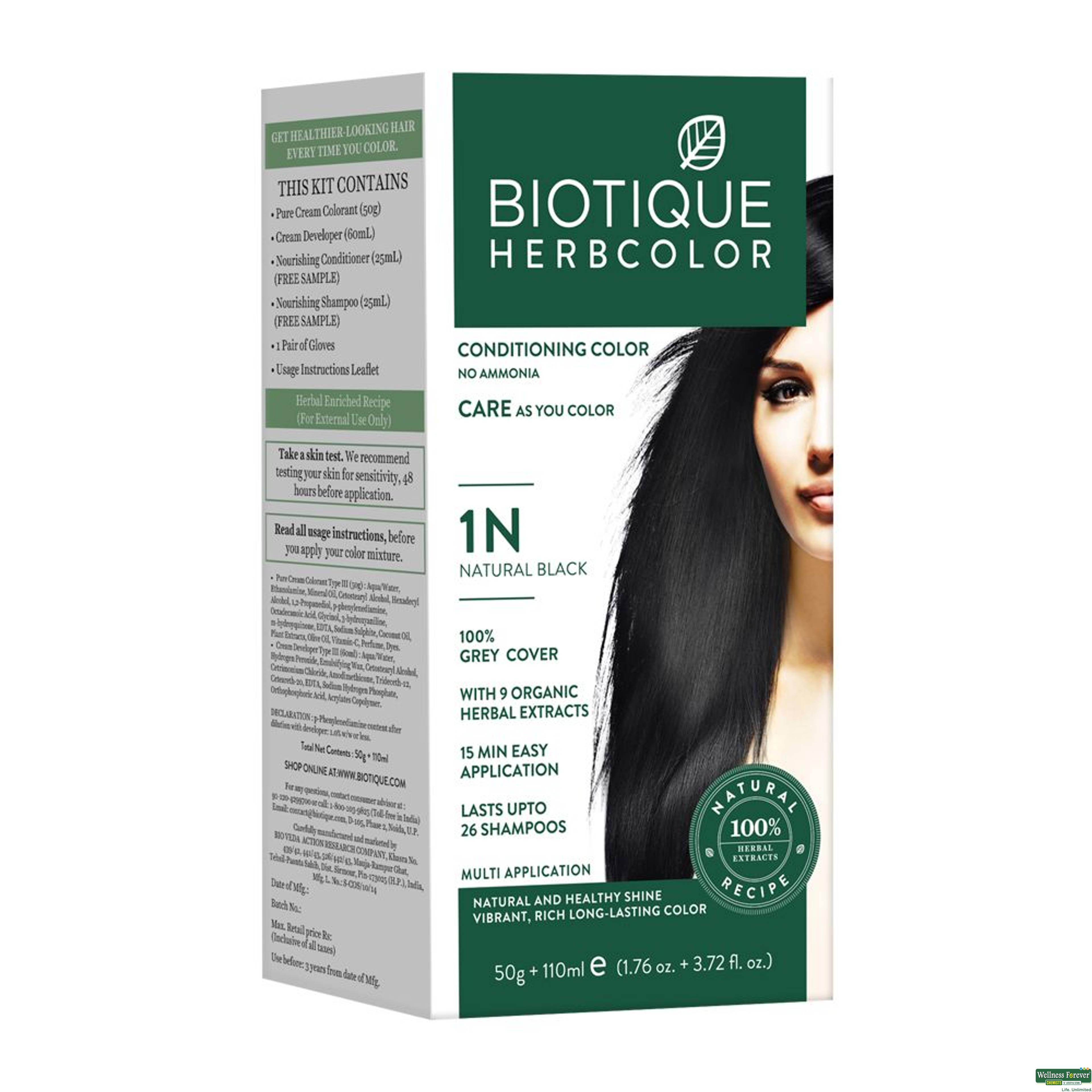 Biotique Bio Herbcolor 1N Natural Black Conditioning Color No Ammonia, 50 g + 110 ml-image