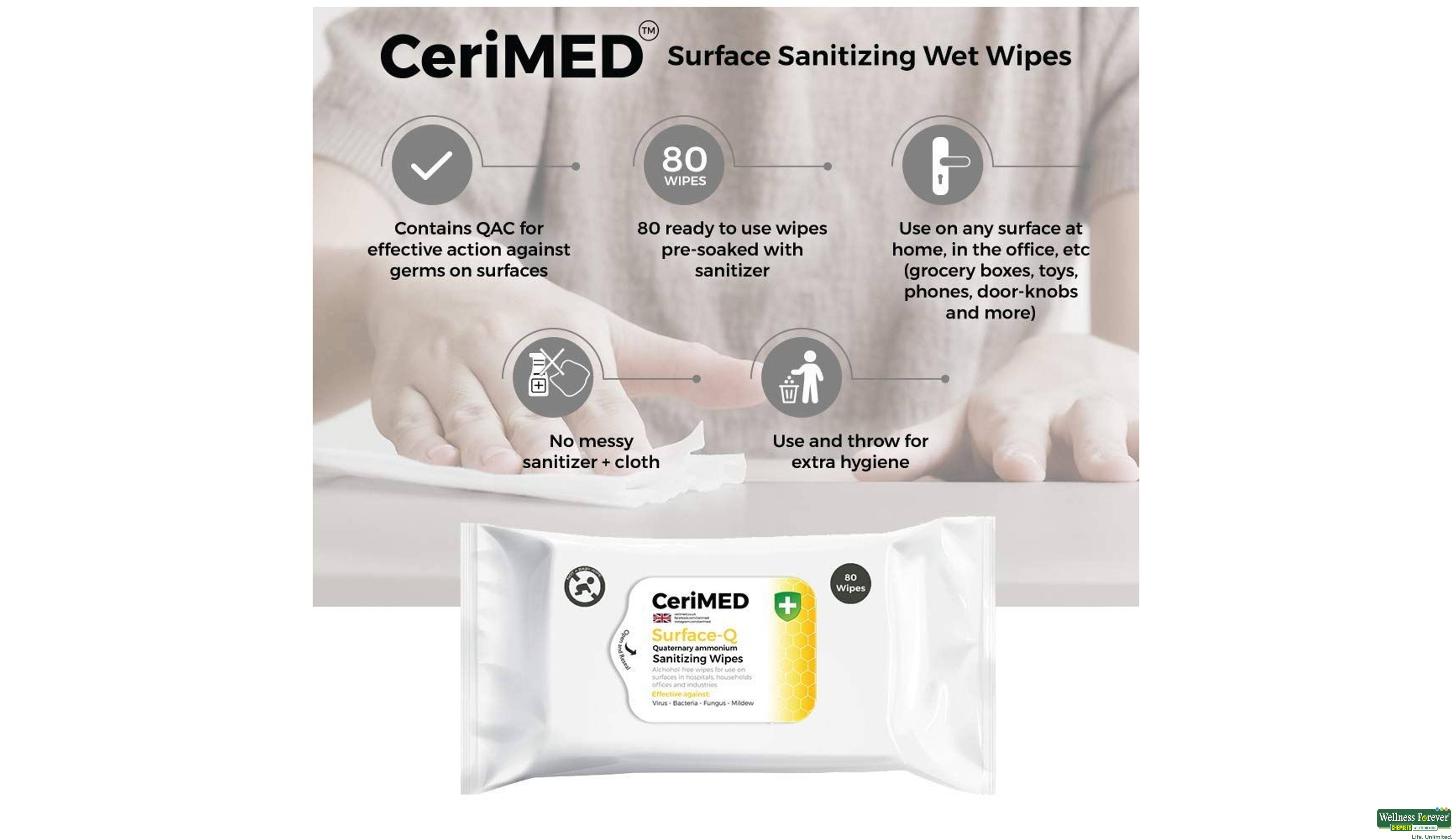 CERIMED SURFACE-Q SANITIZING WIPES 80PC- 5, 80PC, 