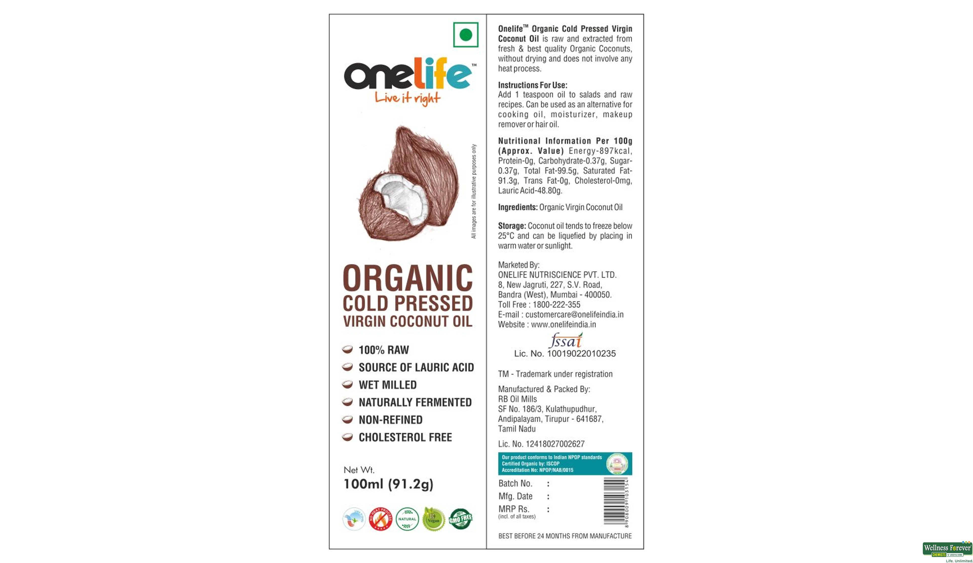 ONELIFE VIRGIN COCONUT OIL 100ML- 3, 100ML, 